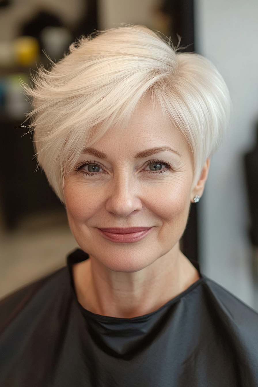 11. Feathered Pixie-Bob in Platinum Blonde (Short Feathered Haircuts For Older Woman) - Short Feathered Haircuts For Older Woman