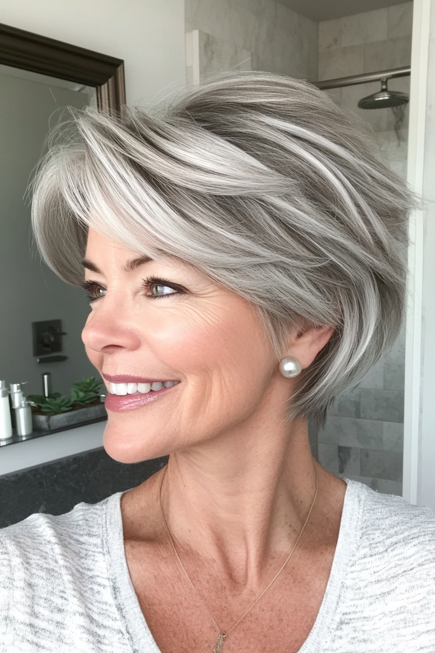 12. Short Feathered Cut with Pearl Gray Shade (Short Feathered Haircuts For Older Woman) - Short Feathered Haircuts For Older Woman