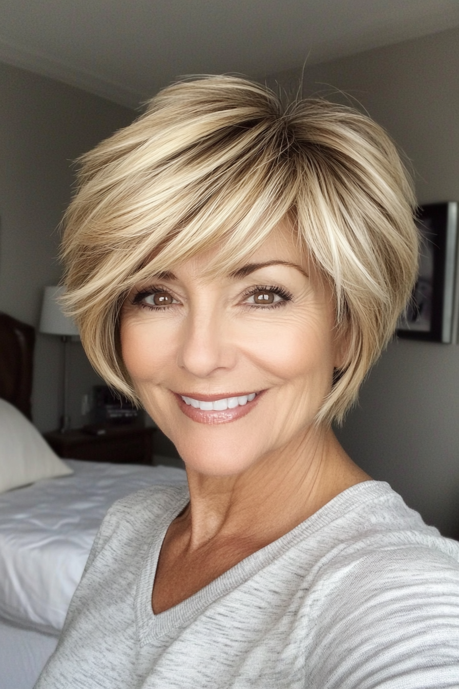 13. Layered Crop with Golden Blonde Highlights (Short Feathered Haircuts For Older Woman) - Short Feathered Haircuts For Older Woman