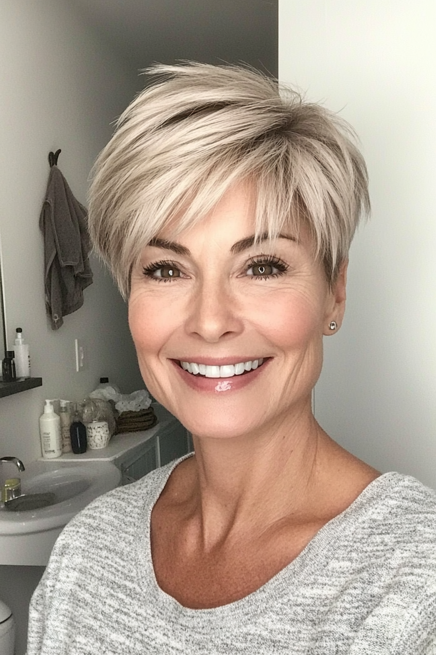 16. Feathered Pixie with Light Ash Blonde (Short Feathered Haircuts For Older Woman) - Short Feathered Haircuts For Older Woman