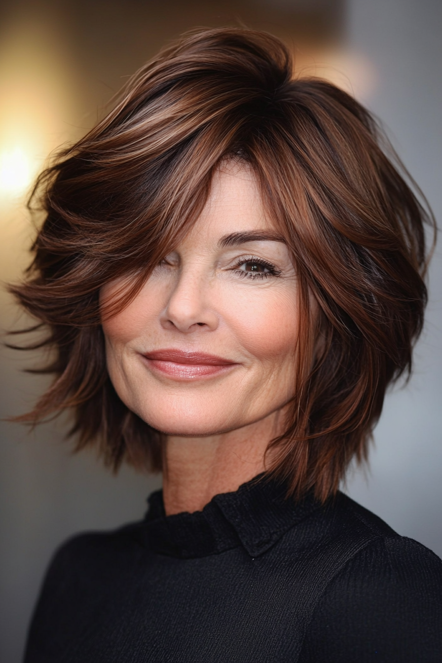 17. Tapered Bob with Chestnut Highlights (Short Feathered Haircuts For Older Woman) - Short Feathered Haircuts For Older Woman