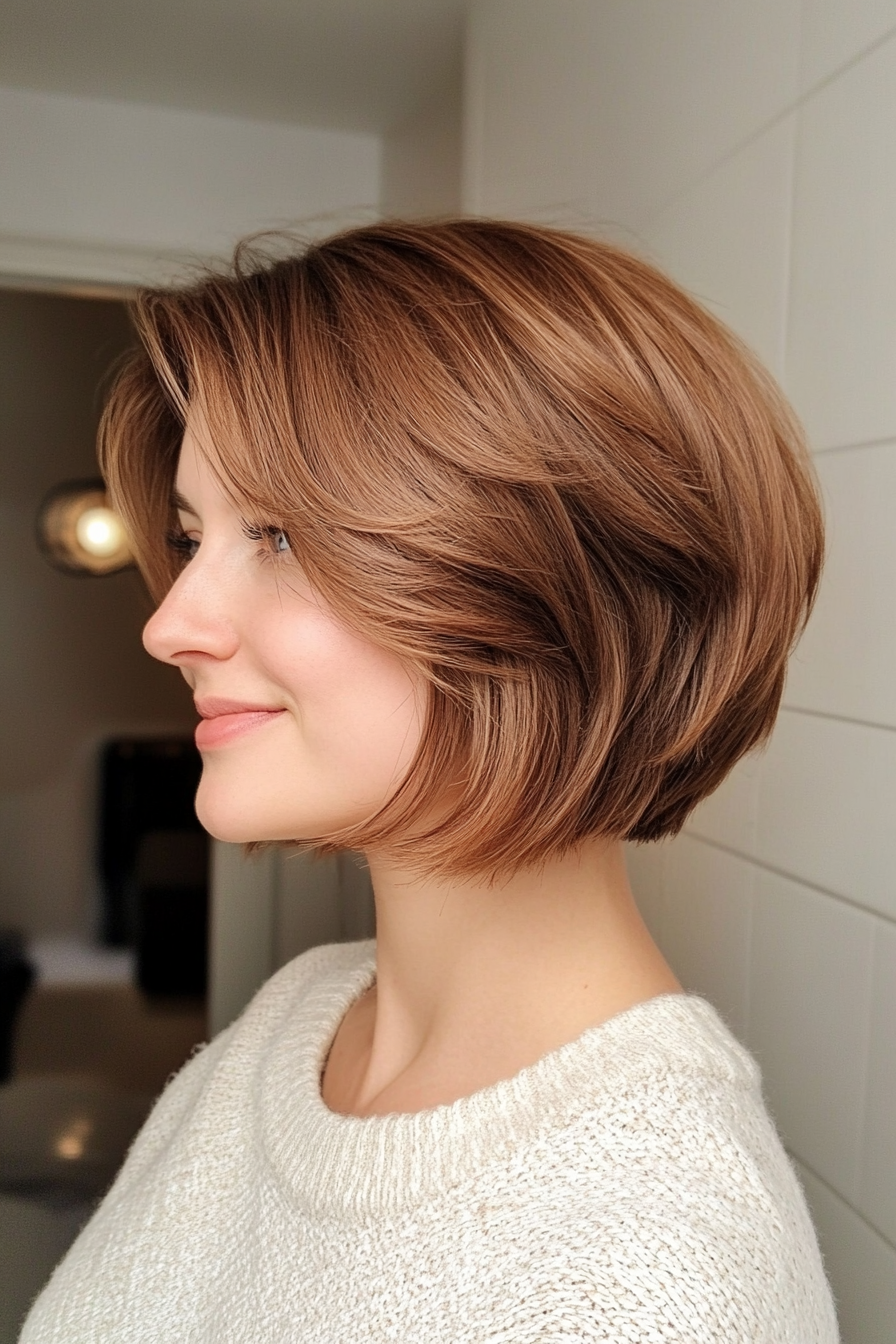 1. Soft Layered Bob with Chestnut Tones (Short Bob Hairstyles With Bangs) - Short Bob Hairstyles With Bangs