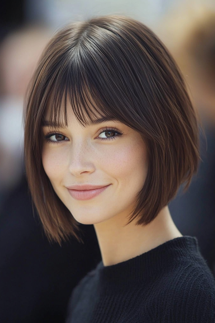 2. Blunt French Bob with Deep Brown Elegance (Short Bob Hairstyles With Bangs) - Short Bob Hairstyles With Bangs