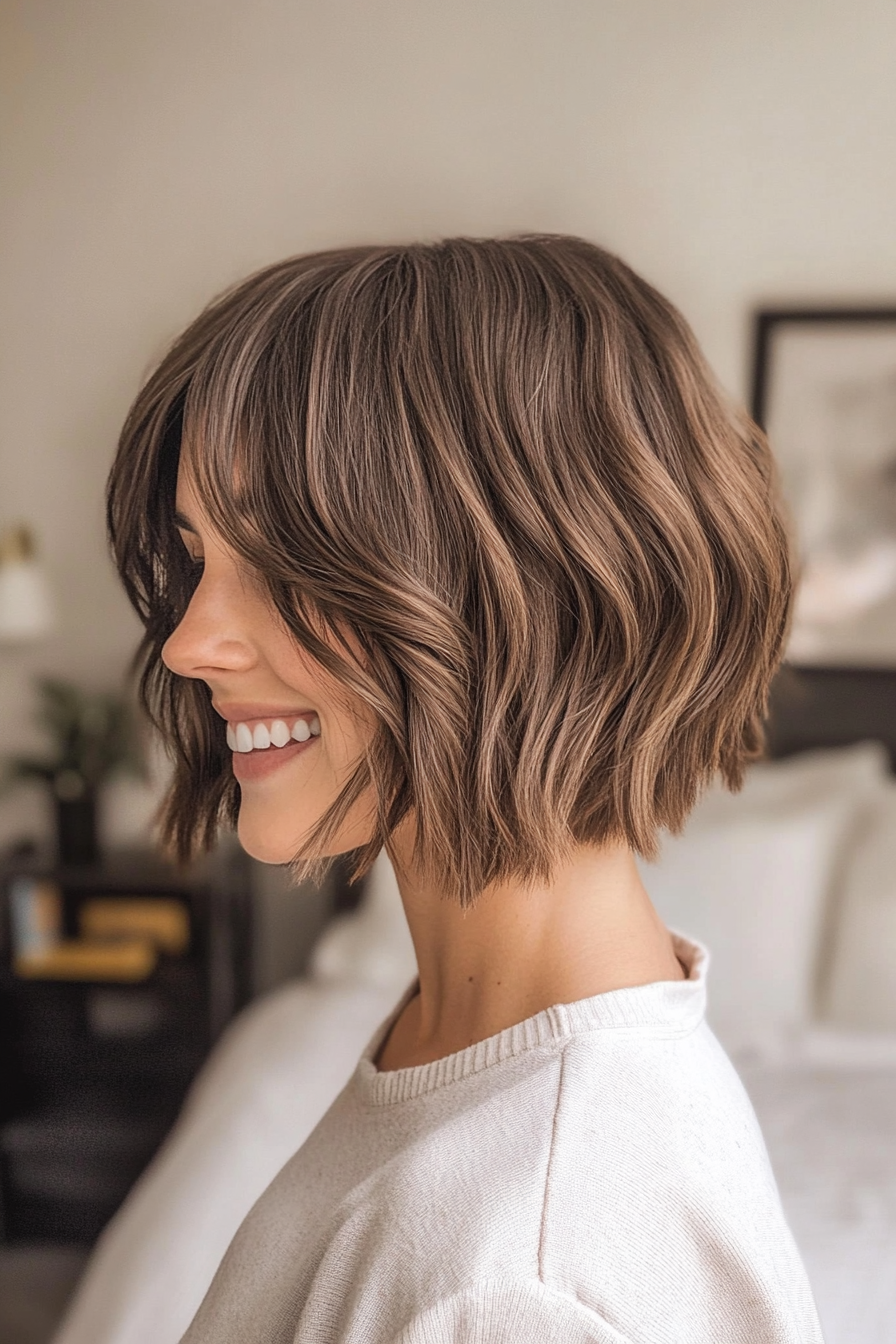 3. Textured Bob with Curtain Bangs in Ash Brown (Short Bob Hairstyles With Bangs) - Short Bob Hairstyles With Bangs