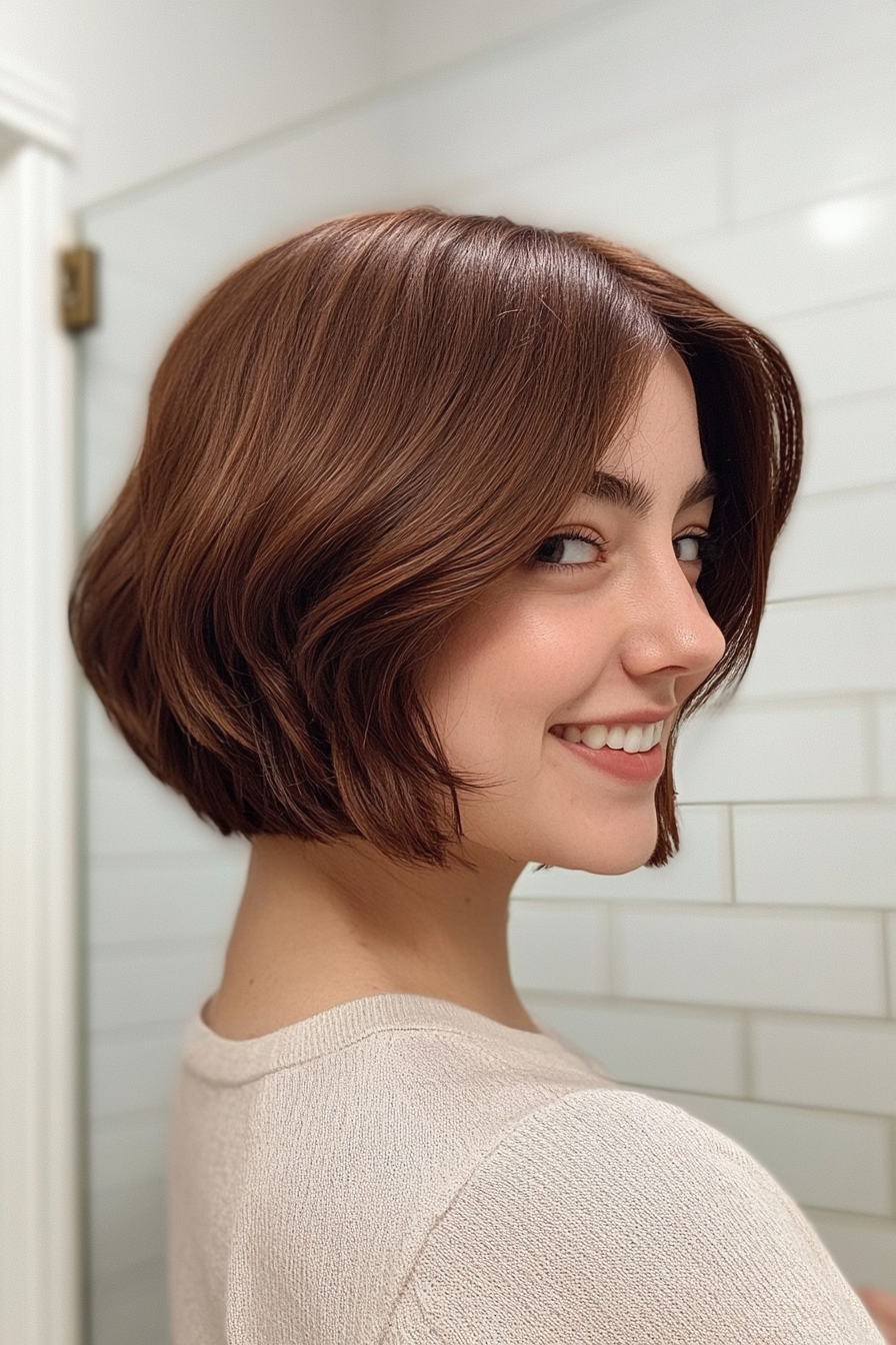 4. Curved Bob with Side-Swept Bangs in Dark Auburn (Short Bob Hairstyles With Bangs) - Short Bob Hairstyles With Bangs
