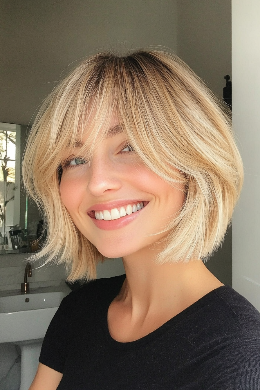 5. Chin-Length Bob with Feathered Bangs in Medium Blonde (Short Bob Hairstyles With Bangs) - Short Bob Hairstyles With Bangs