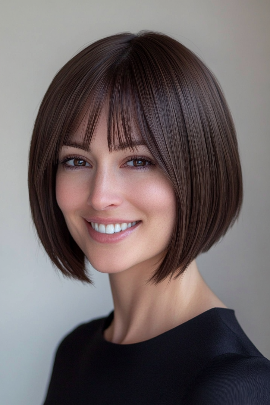 6. Sleek Precision Bob with Espresso Tones (Short Bob Hairstyles With Bangs) - Short Bob Hairstyles With Bangs