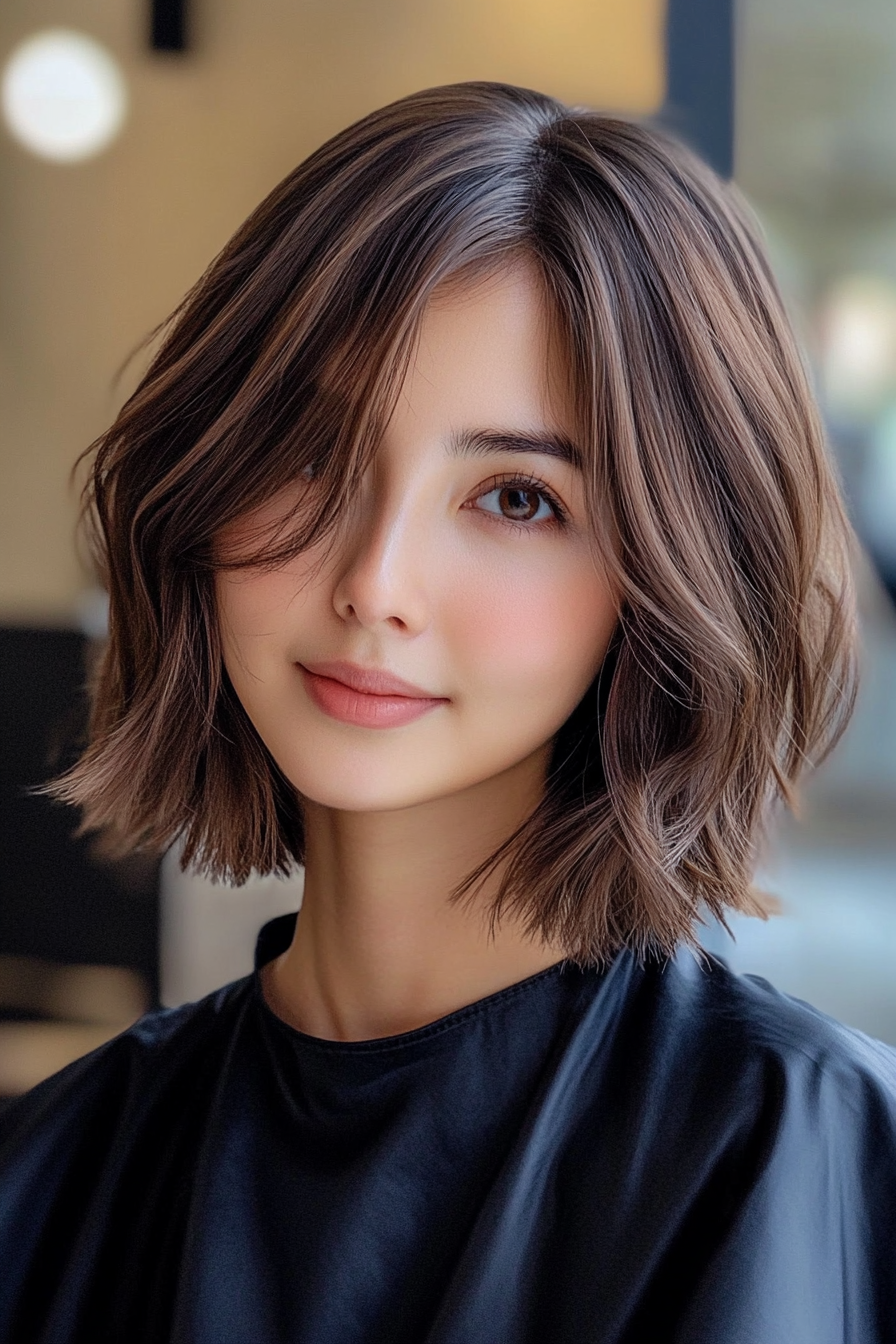 7. Layered Wavy Bob with Wispy Bangs in Warm Honey Brown (Short Bob Hairstyles With Bangs) - Short Bob Hairstyles With Bangs
