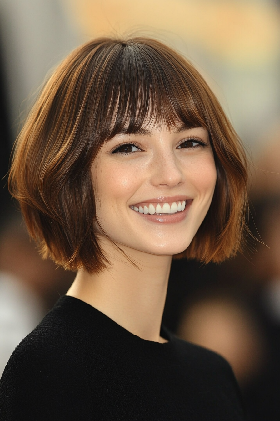 8. Angled Bob with Choppy Bangs in Deep Chestnut (Short Bob Hairstyles With Bangs) - Short Bob Hairstyles With Bangs