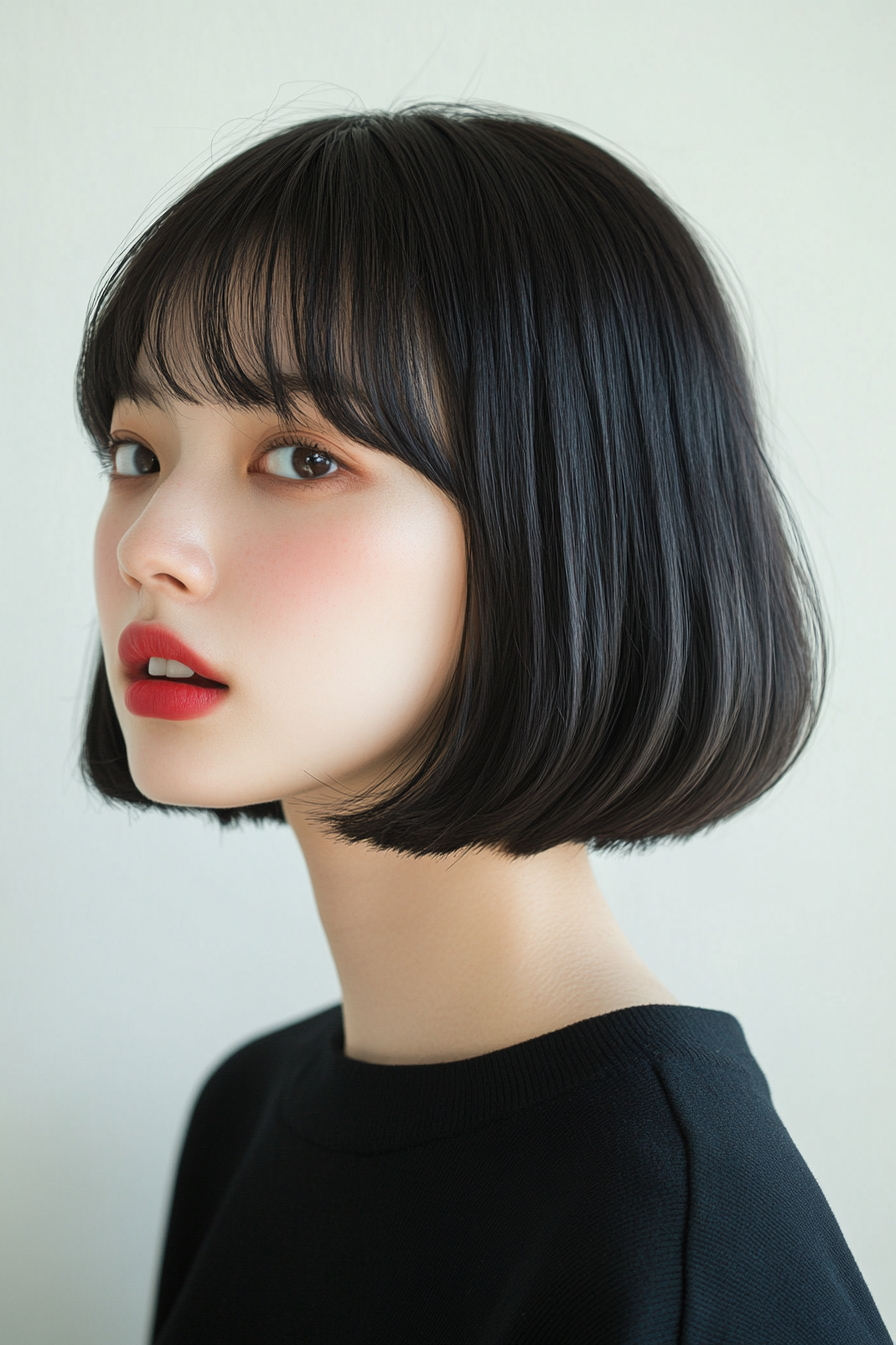 9. Retro Bob with Full Bangs in Soft Black (Short Bob Hairstyles With Bangs) - Short Bob Hairstyles With Bangs