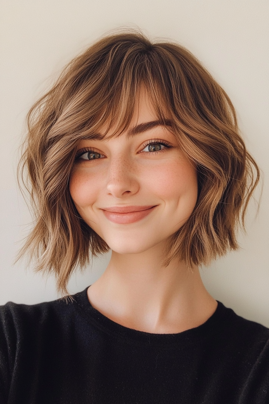 10. Wavy Bob with Face-Framing Bangs in Ash Brown (Short Bob Hairstyles With Bangs) - Short Bob Hairstyles With Bangs