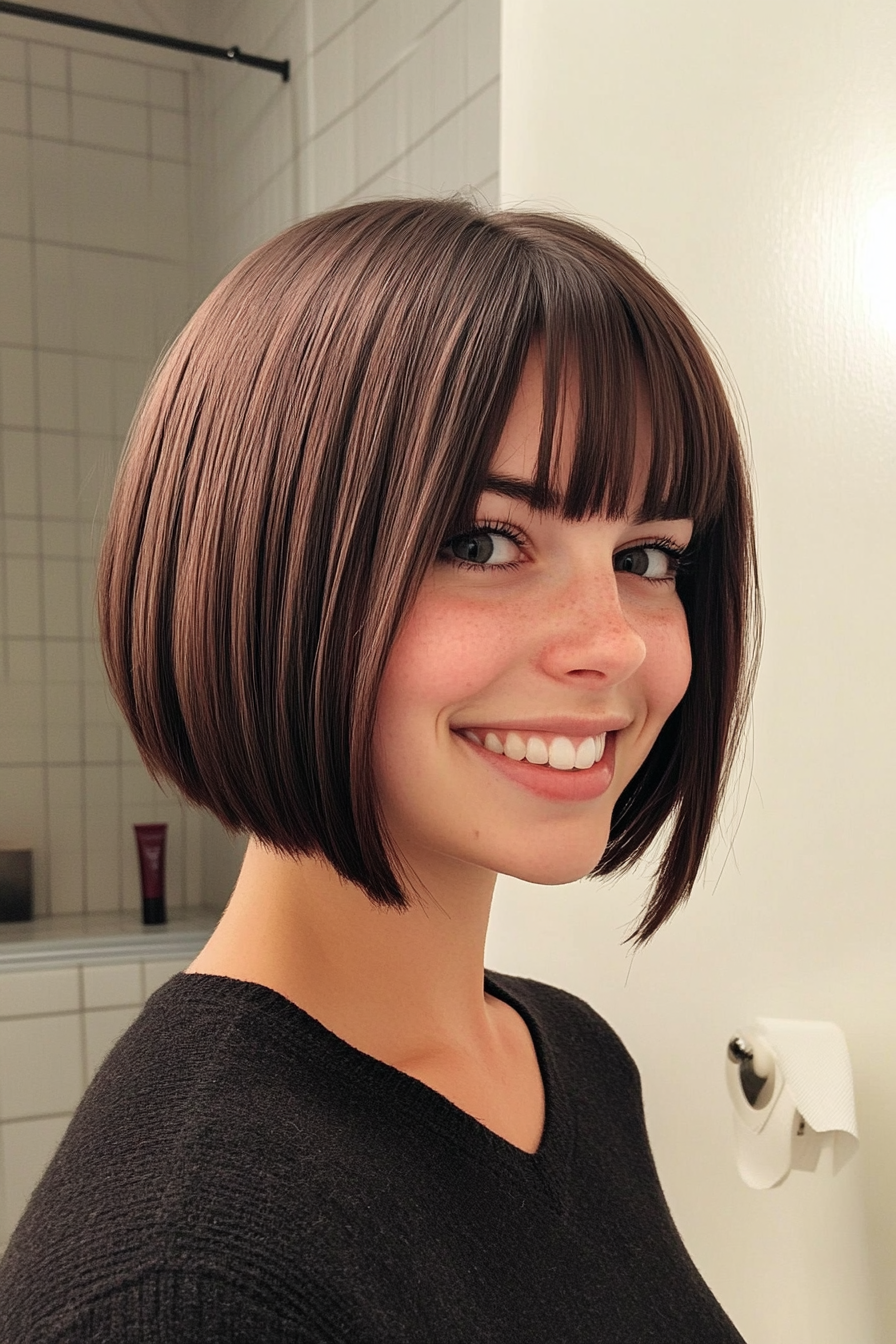 12. Sculpted Bob with Sleek Bangs in Dark Mahogany (Short Bob Hairstyles With Bangs) - Short Bob Hairstyles With Bangs