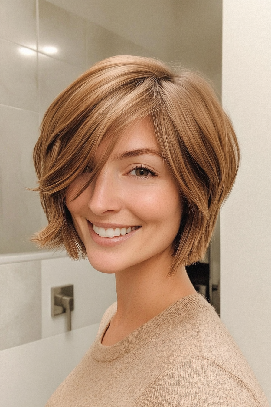 13. Soft Inverted Bob with Side Bangs in Light Brown (Short Bob Hairstyles With Bangs) - Short Bob Hairstyles With Bangs