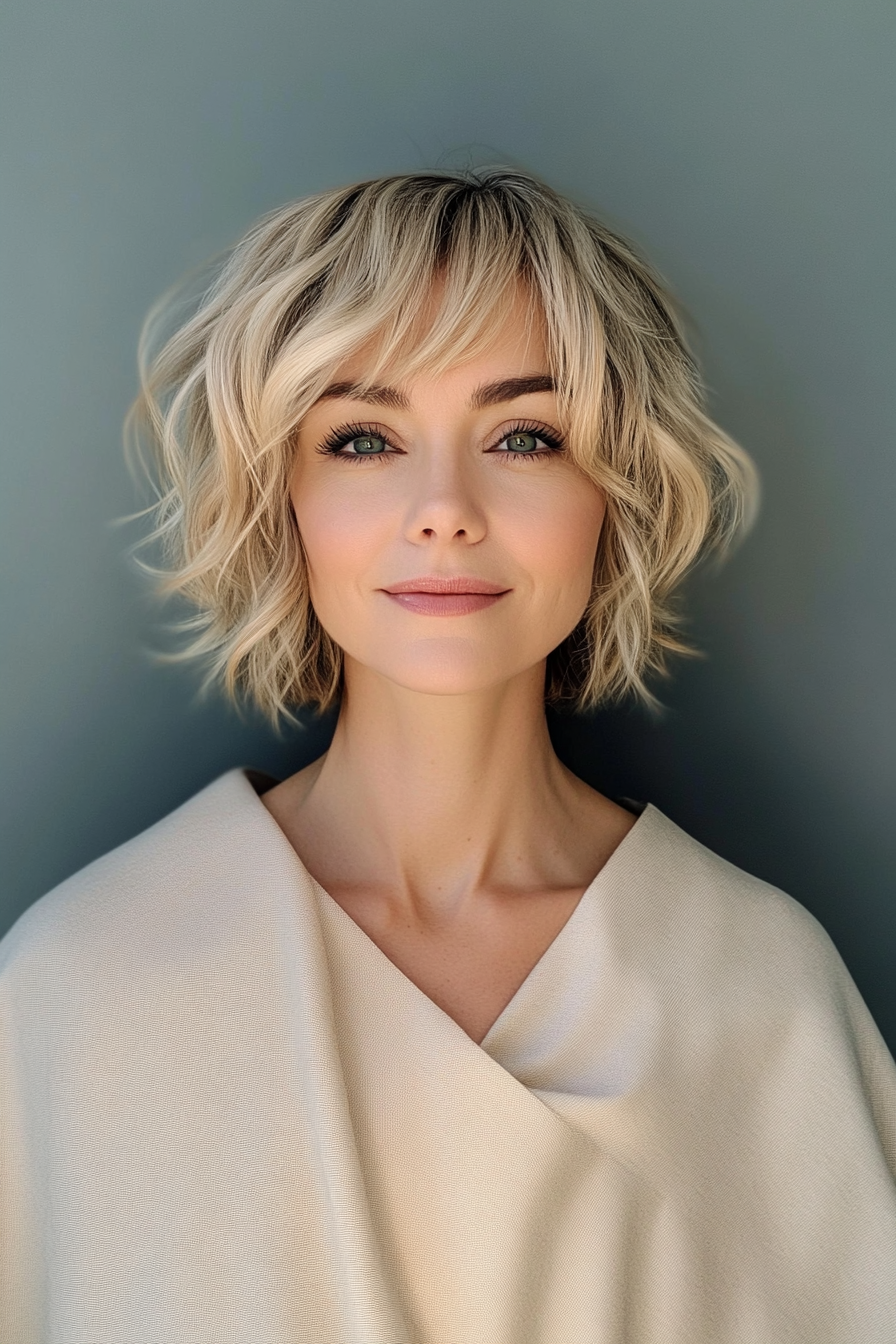14. Tousled Bob with Wispy Fringe in Sandy Blonde (Short Bob Hairstyles With Bangs) - Short Bob Hairstyles With Bangs