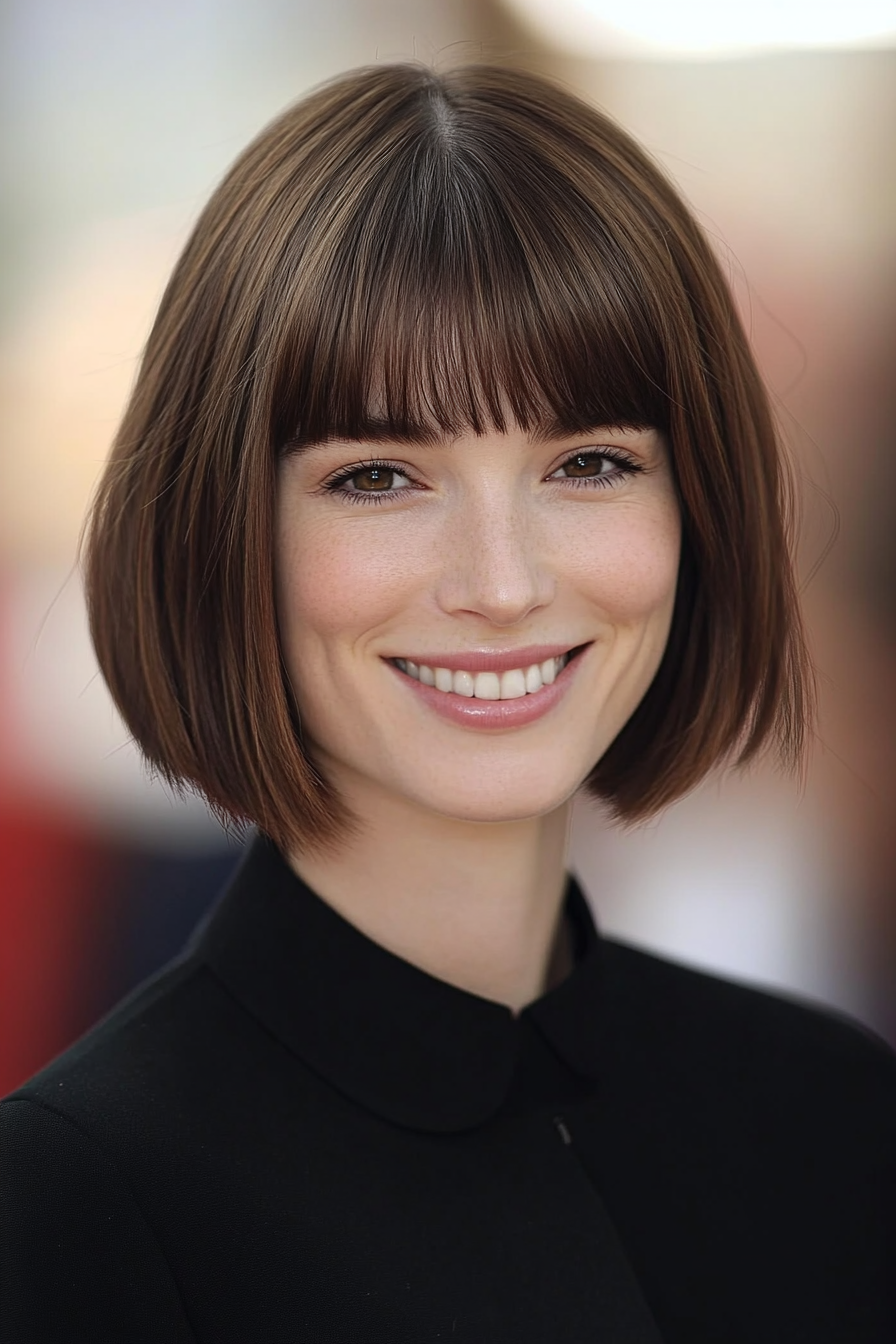15. Classic Bob with Brow-Grazing Bangs in Warm Brunette (Short Bob Hairstyles With Bangs) - Short Bob Hairstyles With Bangs