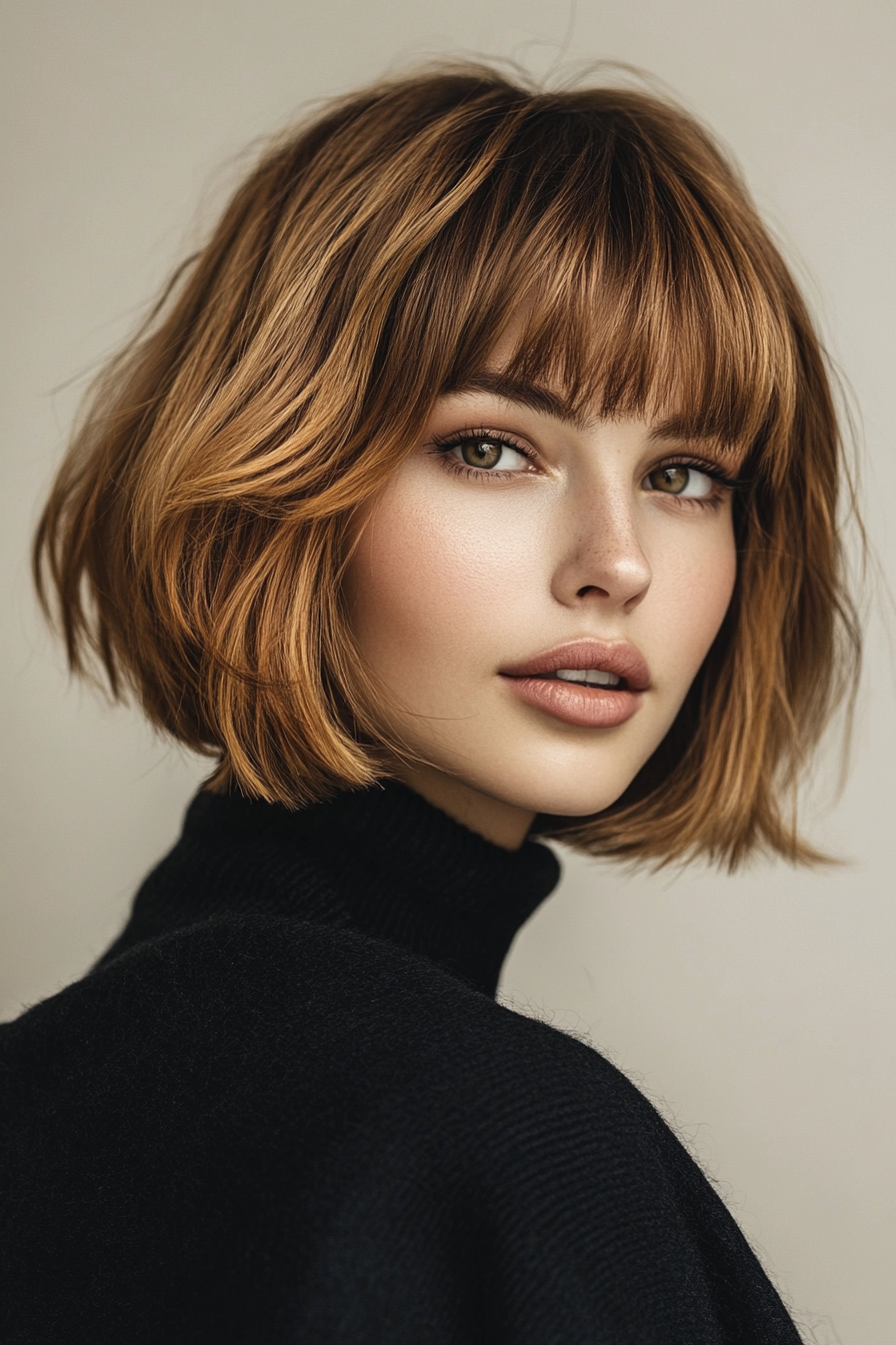 16. Modern Shaggy Bob with Soft Fringe in Golden Brown (Short Bob Hairstyles With Bangs) - Short Bob Hairstyles With Bangs