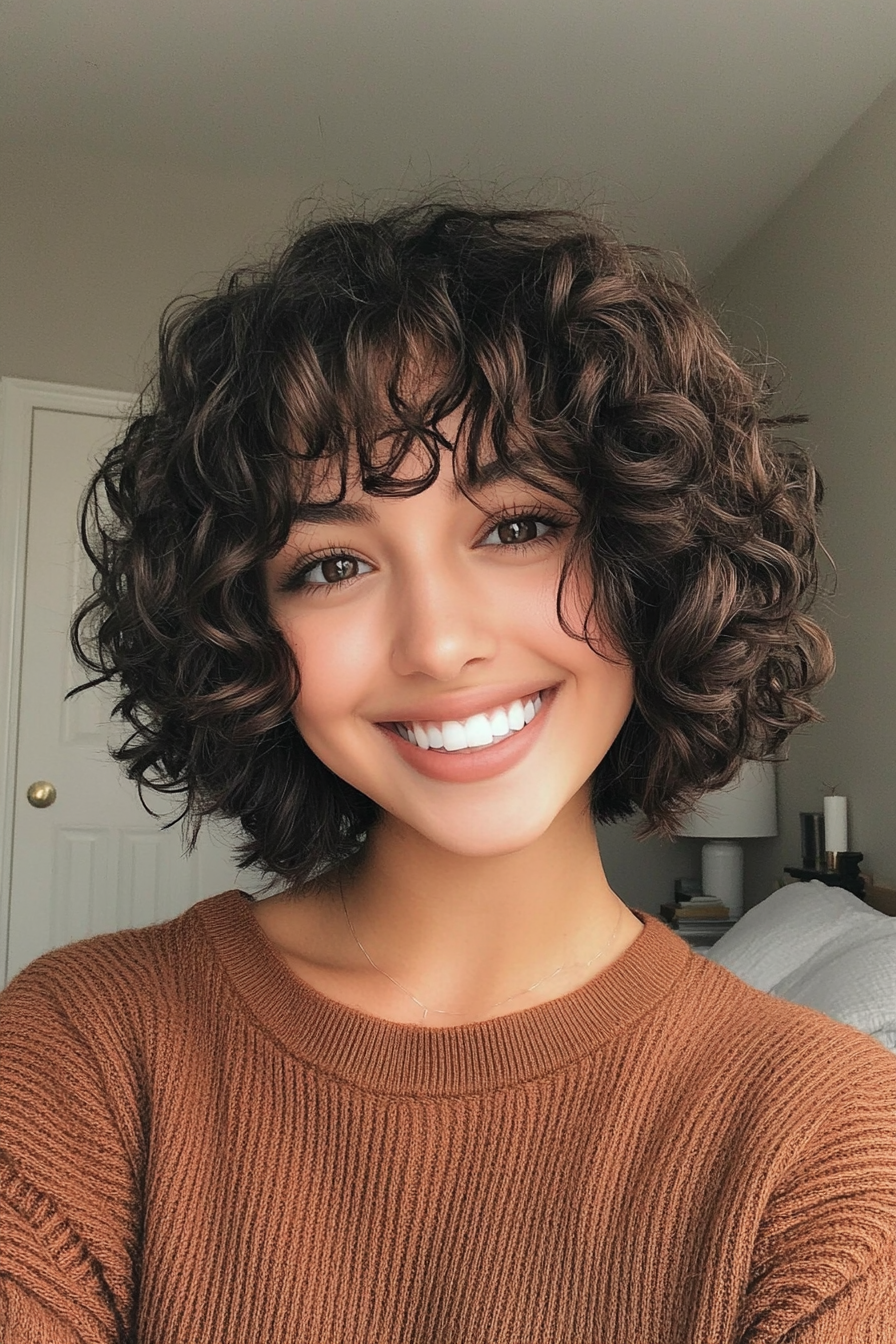 17. Curly Bob with Defined Bangs in Rich Espresso (Short Bob Hairstyles With Bangs) - Short Bob Hairstyles With Bangs