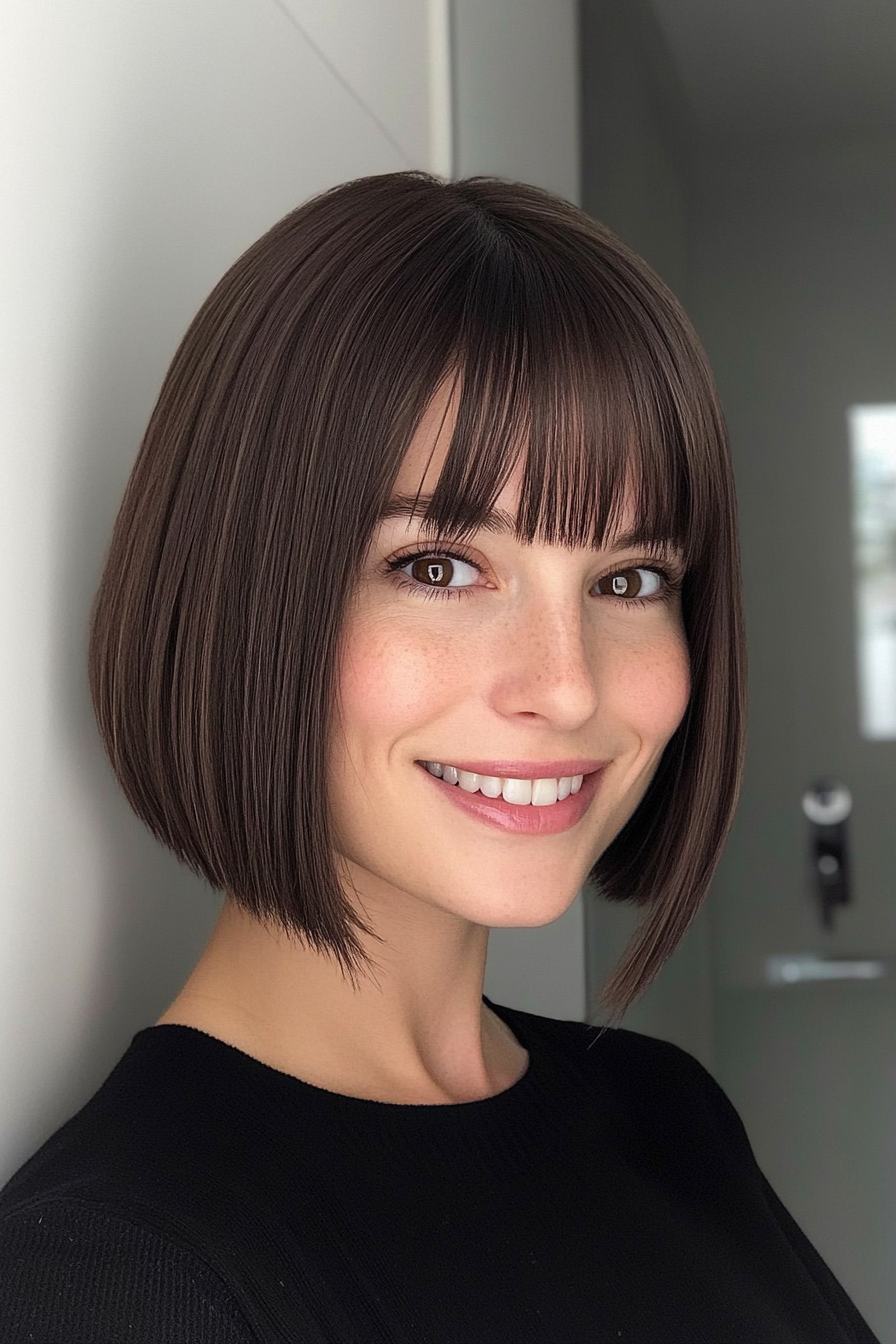 18. Straight-Edge Bob with Tapered Bangs in Cool Dark Brown (Short Bob Hairstyles With Bangs) - Short Bob Hairstyles With Bangs