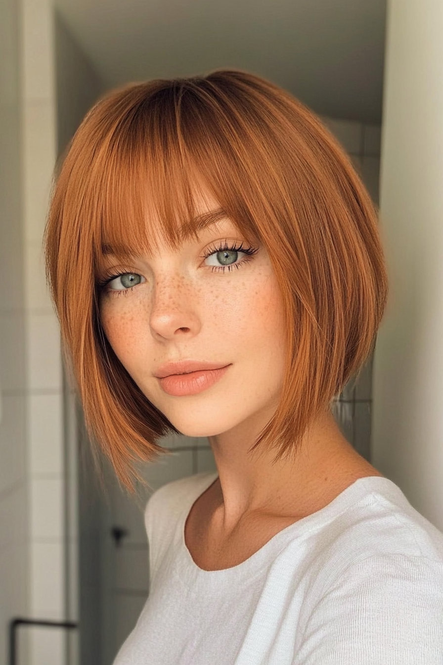 19. Minimalist Bob with Delicate Bangs in Light Auburn (Short Bob Hairstyles With Bangs) - Short Bob Hairstyles With Bangs