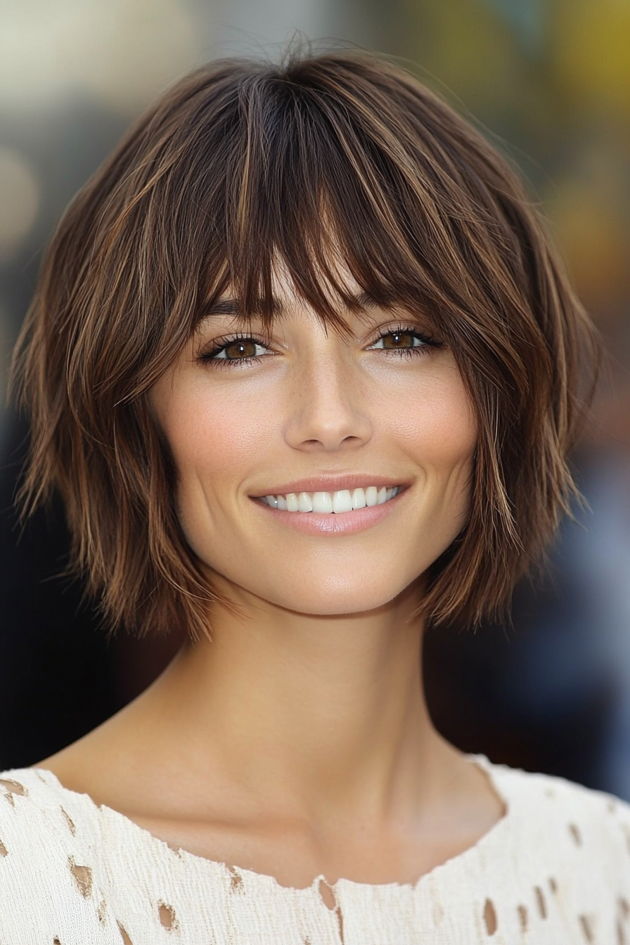 20. Choppy Bob with Split Bangs in Classic Brown (Short Bob Hairstyles With Bangs) - Short Bob Hairstyles With Bangs
