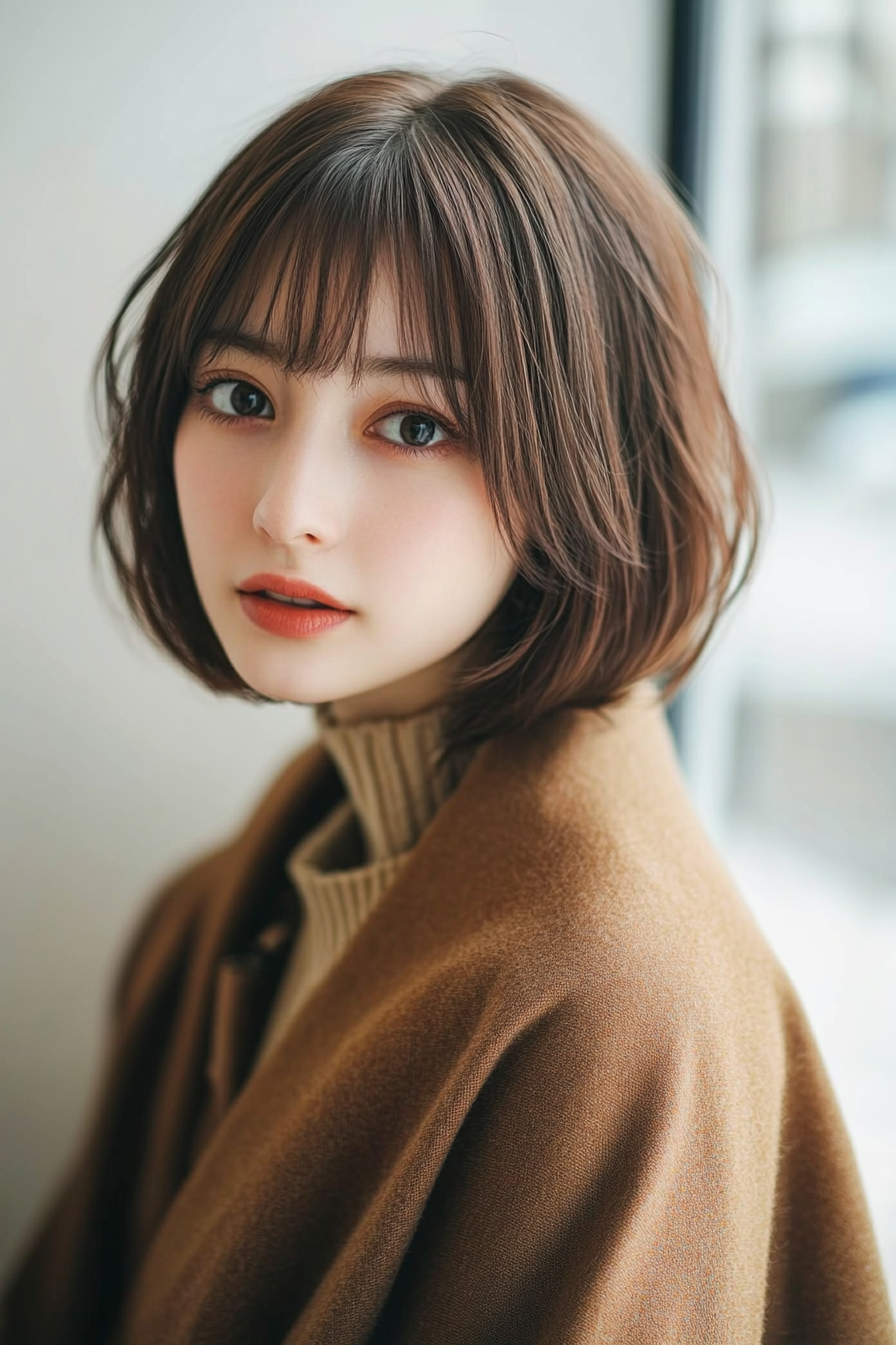 21. Jaw-Length Blunt Bob with Airy Bangs in Soft Caramel Brown (Short Bob Hairstyles With Bangs) - Short Bob Hairstyles With Bangs