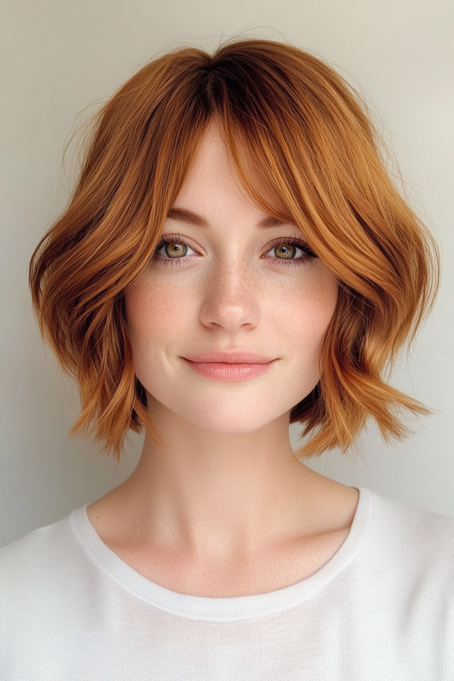 22. Flipped-Out Bob with Swooping Bangs in Golden Chestnut (Short Bob Hairstyles With Bangs) - Short Bob Hairstyles With Bangs