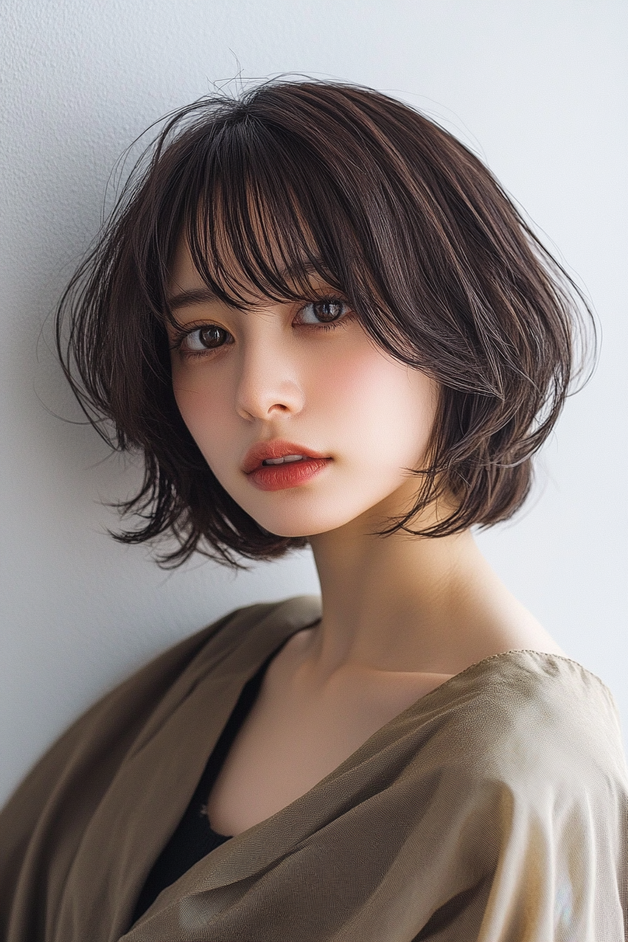 23. Rounded Bob with Soft Blended Bangs in Dark Cocoa Brown (Short Bob Hairstyles With Bangs) - Short Bob Hairstyles With Bangs