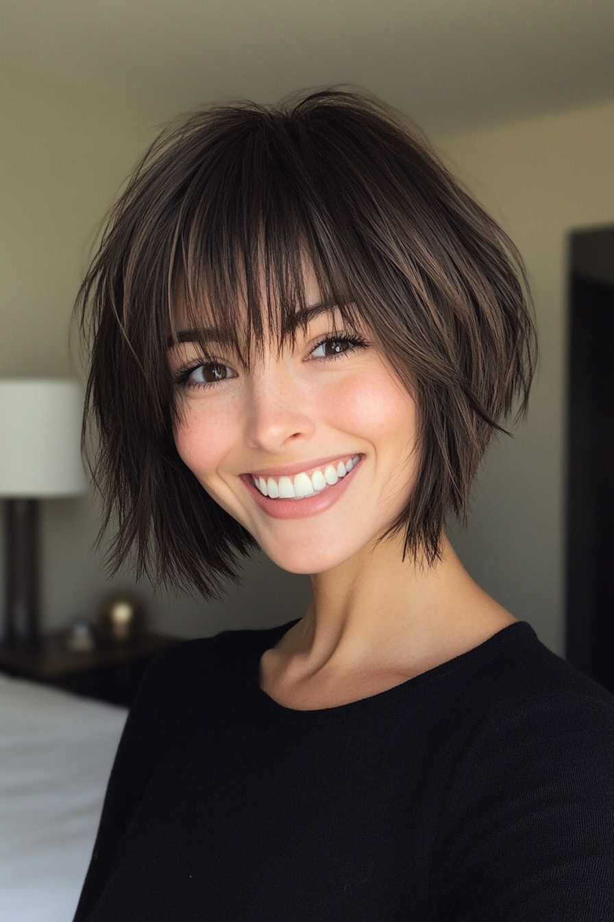 25. Layered Bob with Razored Bangs in Classic Dark Brown (Short Bob Hairstyles With Bangs) - Short Bob Hairstyles With Bangs