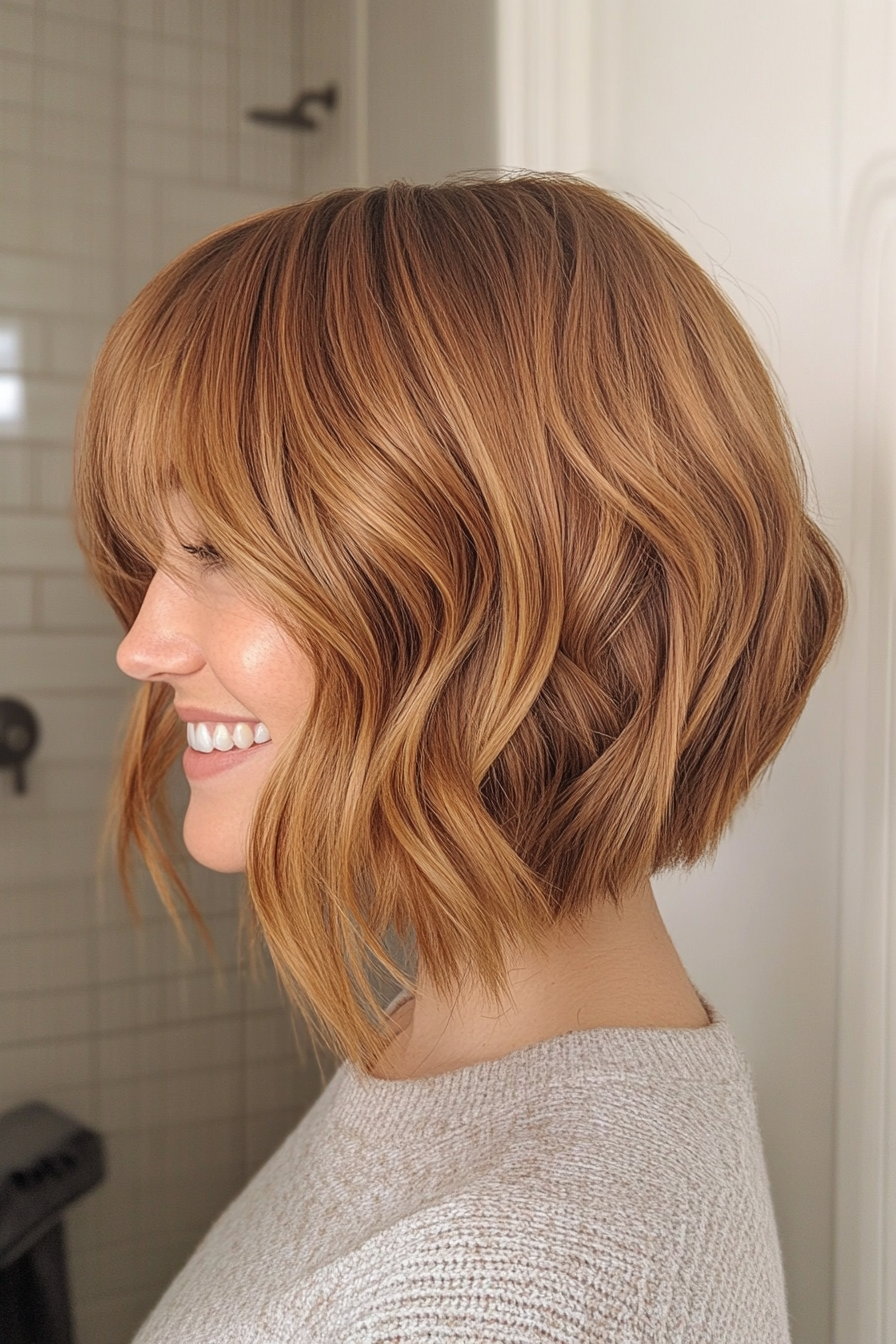 26. Wavy Bob with Blunt Bangs in Honey Brown (Short Bob Hairstyles With Bangs) - Short Bob Hairstyles With Bangs
