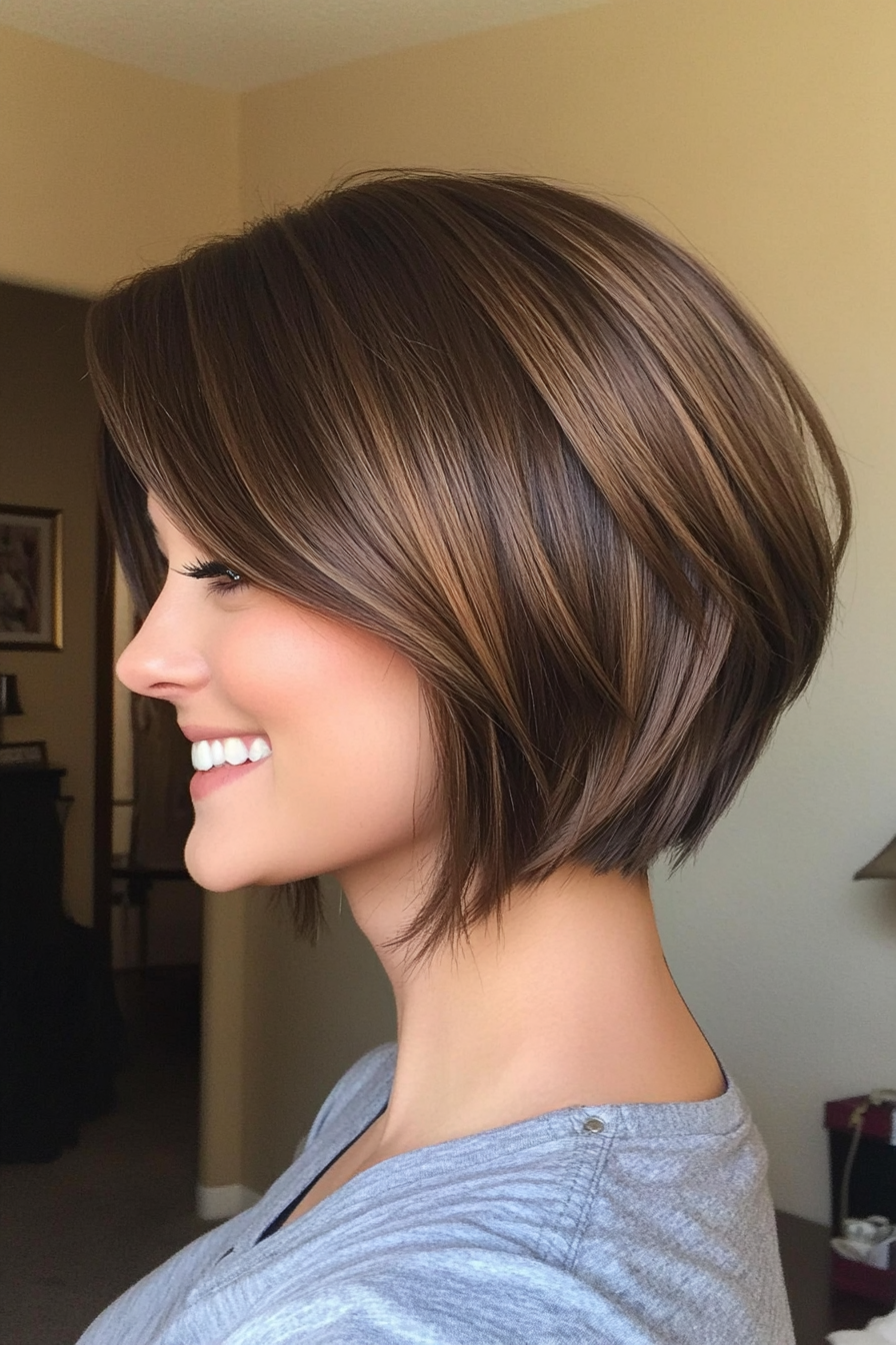 27. Neck-Length Bob with Asymmetrical Bangs in Cool Brunette (Short Bob Hairstyles With Bangs) - Short Bob Hairstyles With Bangs