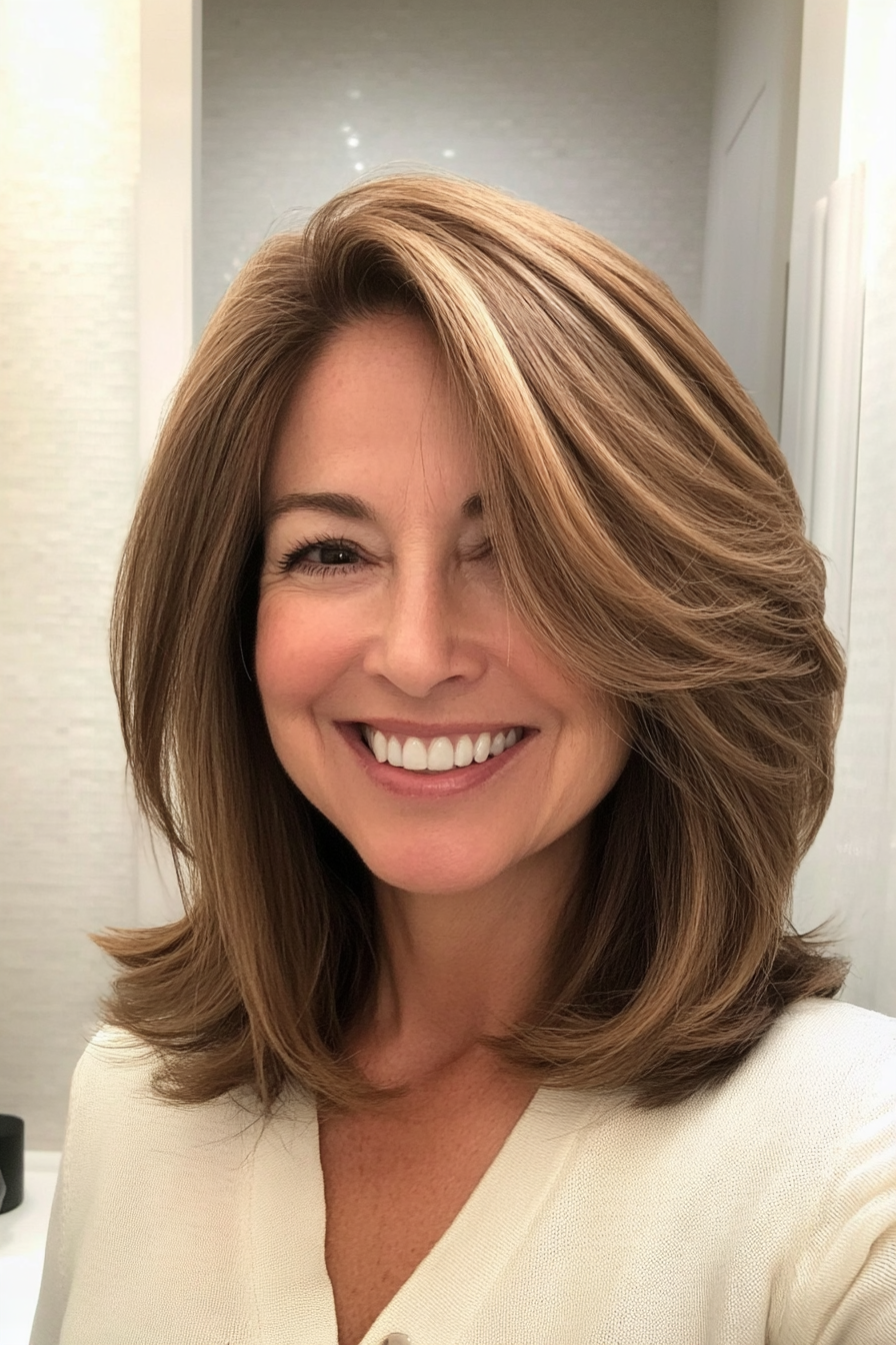 1. Soft Layered Lob in Warm Chestnut (Mid Length Hairstyles For Women Over 50) - Mid Length Hairstyles For Women Over 50