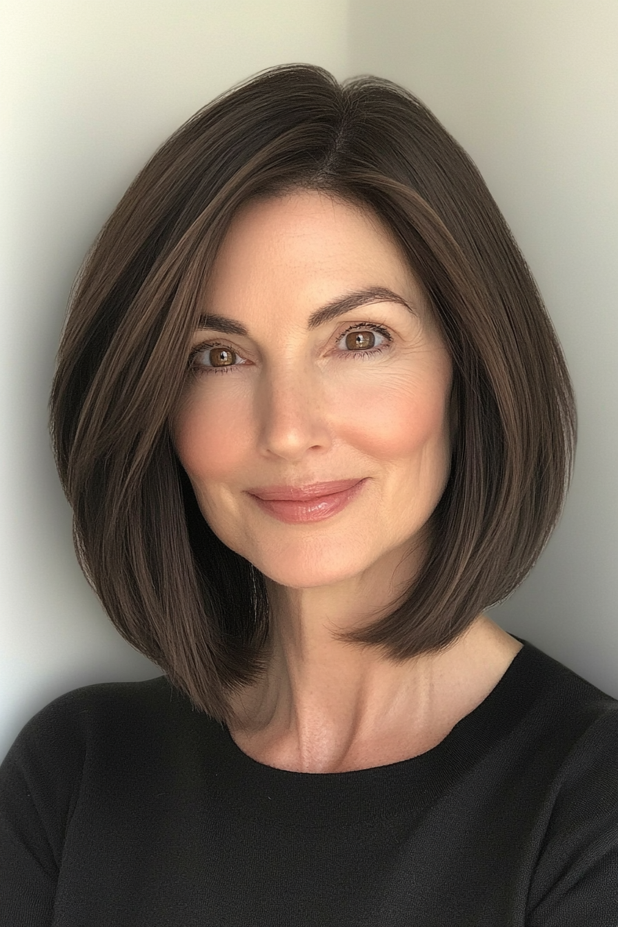 3. Blunt Shoulder-Length Bob in Dark Chocolate Brown (Mid Length Hairstyles For Women Over 50) - Mid Length Hairstyles For Women Over 50