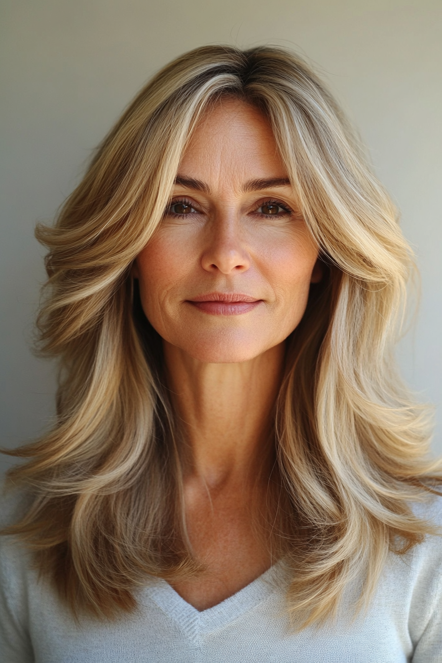 4. Wispy Layered Cut in Honey Blonde (Mid Length Hairstyles For Women Over 50) - Mid Length Hairstyles For Women Over 50