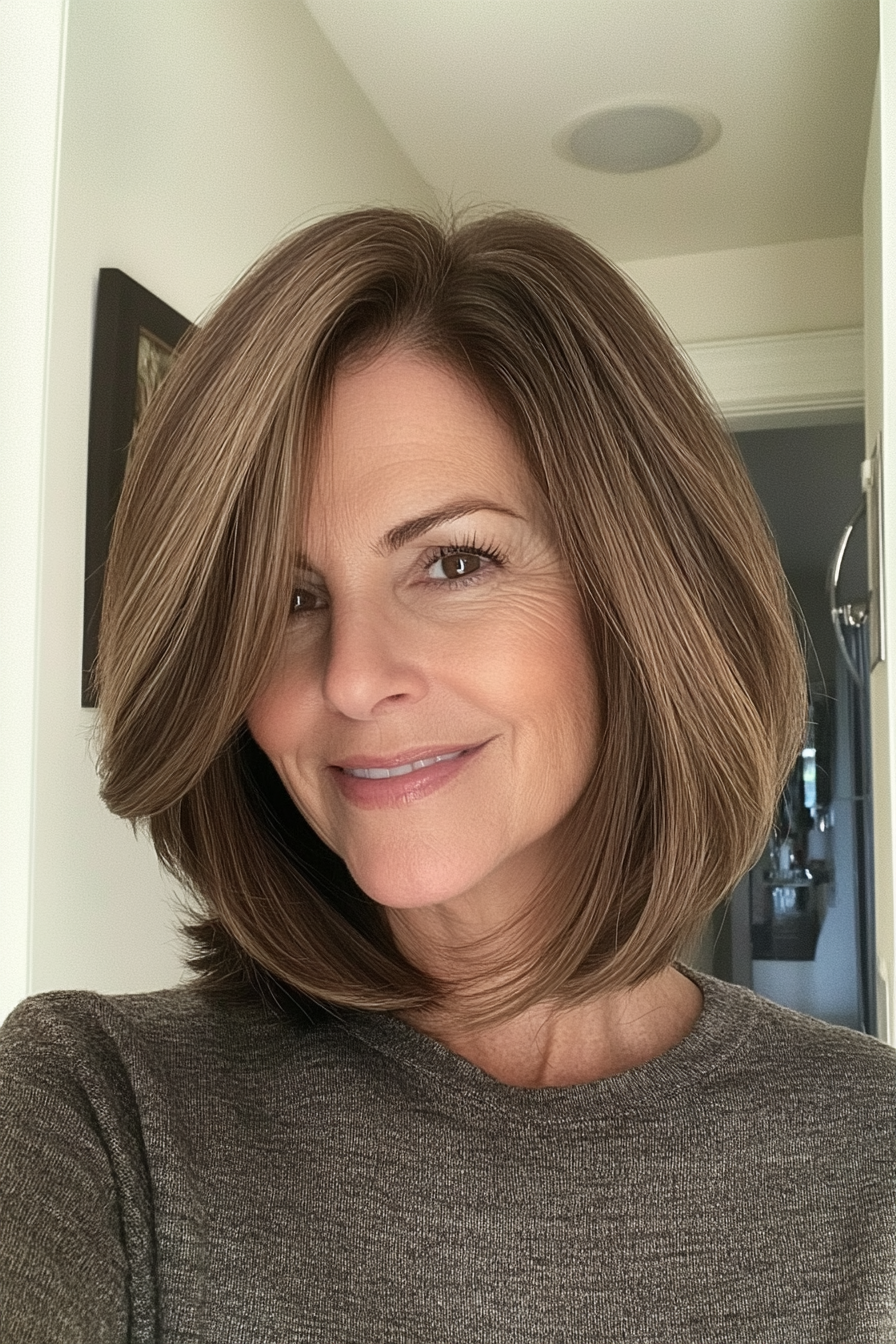 5. Side-Swept Layered Bob in Ash Brown (Mid Length Hairstyles For Women Over 50) - Mid Length Hairstyles For Women Over 50