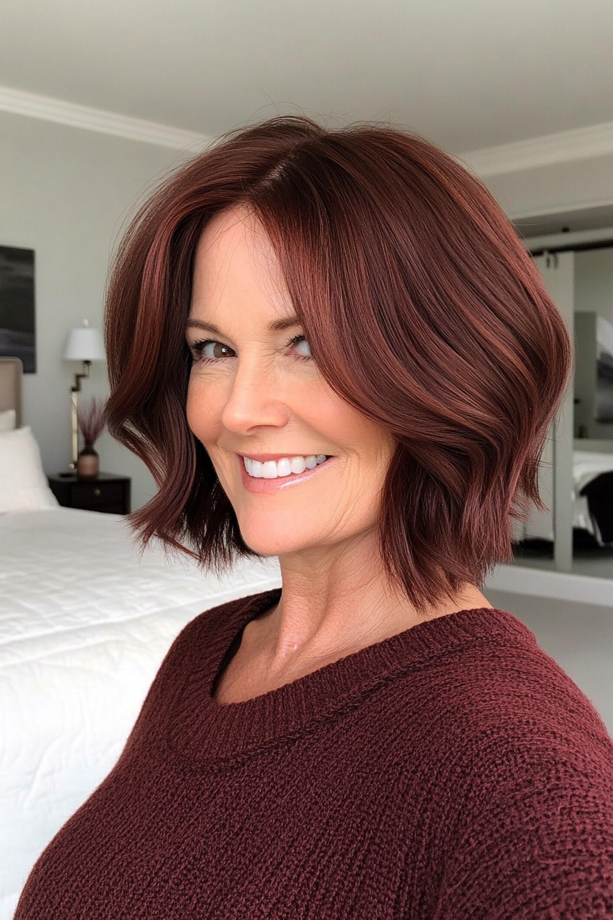 6. Curved Ends Lob in Deep Mahogany (Mid Length Hairstyles For Women Over 50) - Mid Length Hairstyles For Women Over 50