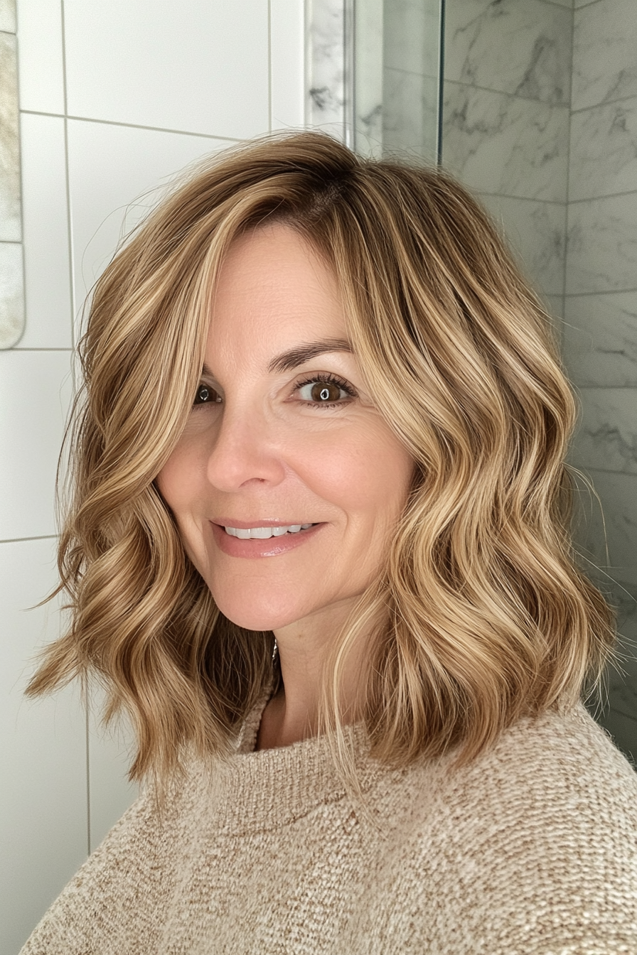 7. Wavy Shoulder-Length Cut in Golden Caramel (Mid Length Hairstyles For Women Over 50) - Mid Length Hairstyles For Women Over 50
