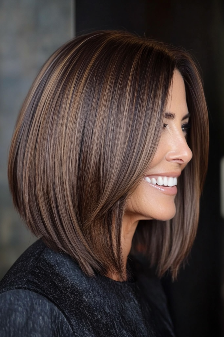 12. Angled Lob in Warm Mocha Brown (Mid Length Hairstyles For Women Over 50) - Mid Length Hairstyles For Women Over 50