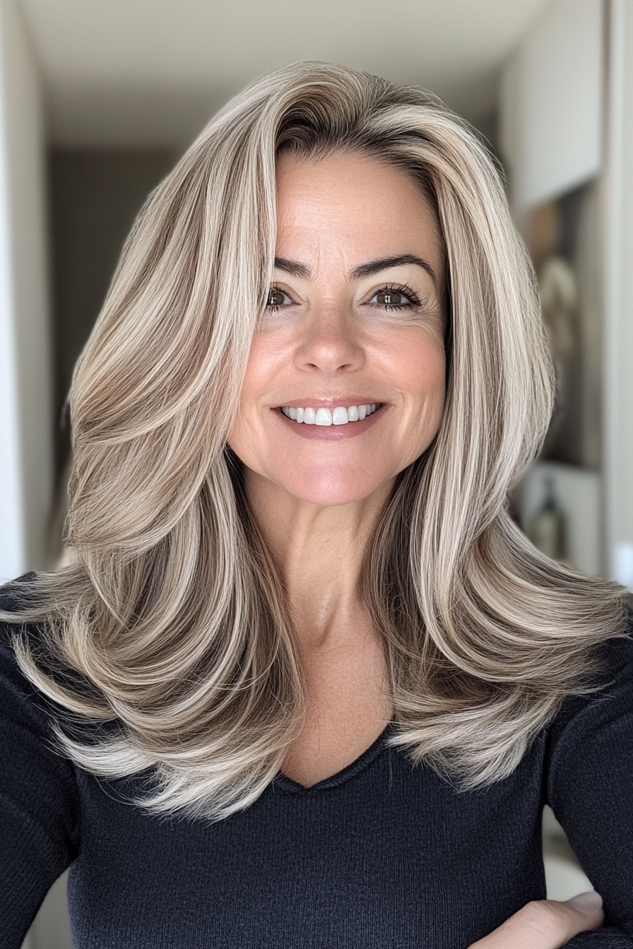 14. Blended Layered Lob in Dark Ash Blonde (Mid Length Hairstyles For Women Over 50) - Mid Length Hairstyles For Women Over 50