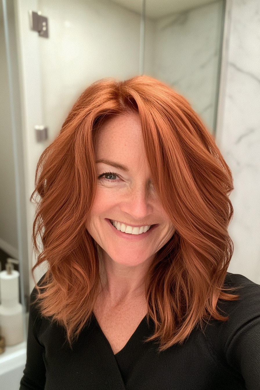 15. Mid-Length Razor Cut in Deep Copper Red (Mid Length Hairstyles For Women Over 50) - Mid Length Hairstyles For Women Over 50