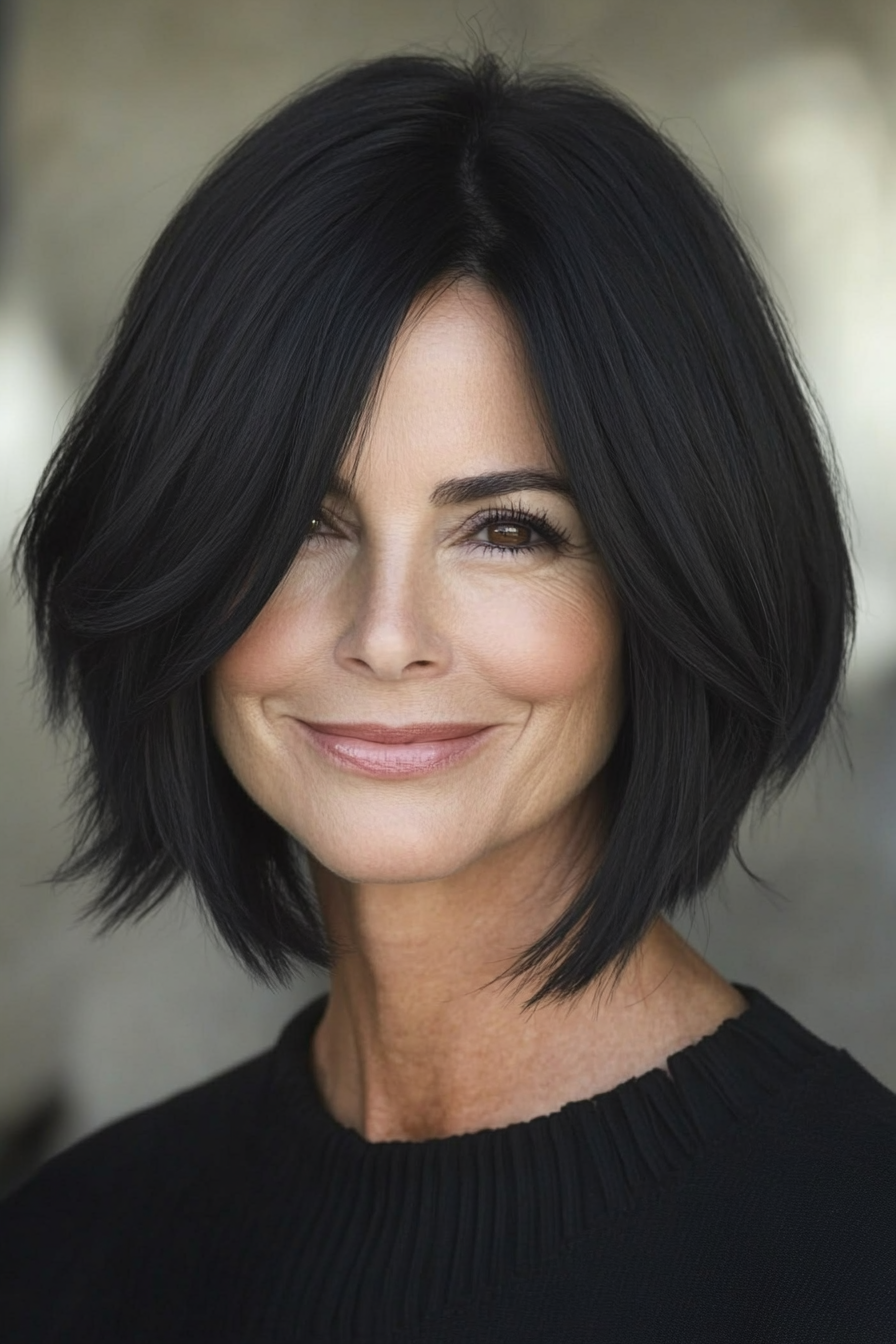 17. Collarbone-Length Bob in Classic Black (Mid Length Hairstyles For Women Over 50) - Mid Length Hairstyles For Women Over 50