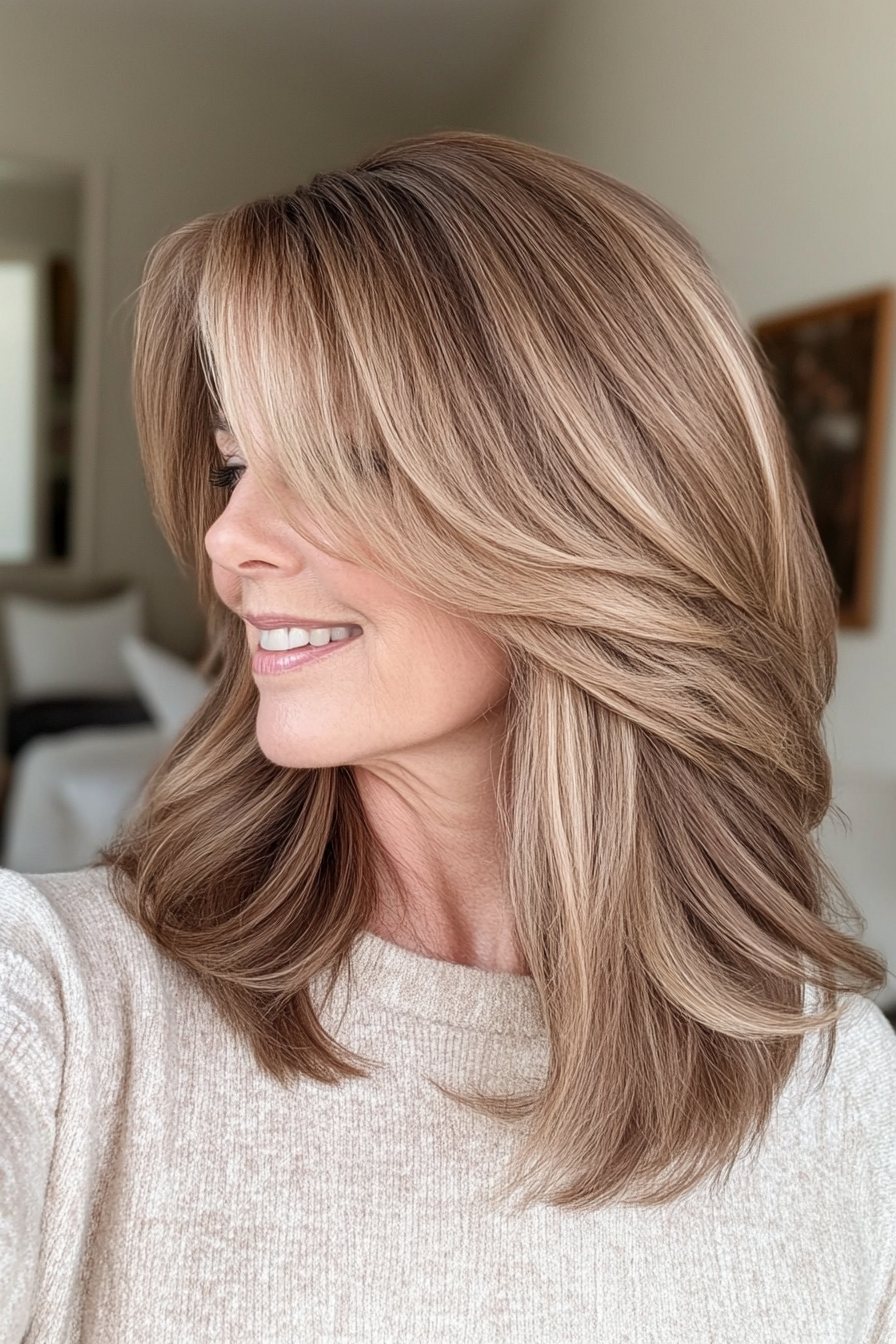 19. Shoulder-Length Cut with Side Bangs in Light Golden Brown (Mid Length Hairstyles For Women Over 50) - Mid Length Hairstyles For Women Over 50
