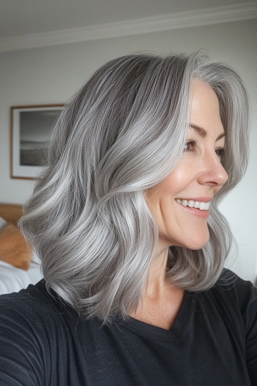 20. Sculpted Lob with Soft Waves in Silver Grey (Mid Length Hairstyles For Women Over 50) - Mid Length Hairstyles For Women Over 50