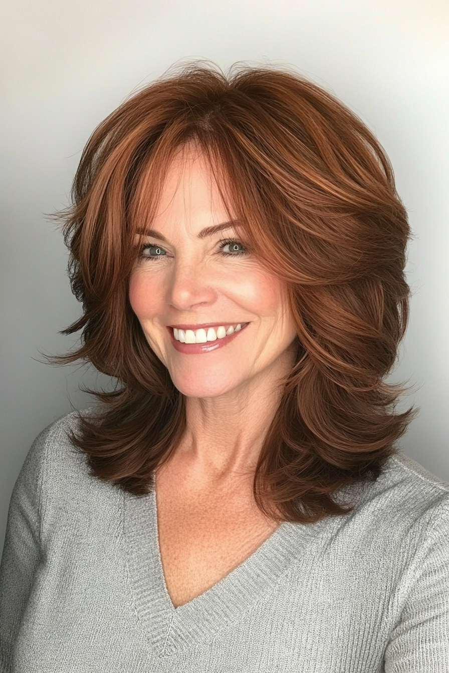 21. Modern Shag in Warm Cinnamon Brown (Mid Length Hairstyles For Women Over 50) - Mid Length Hairstyles For Women Over 50
