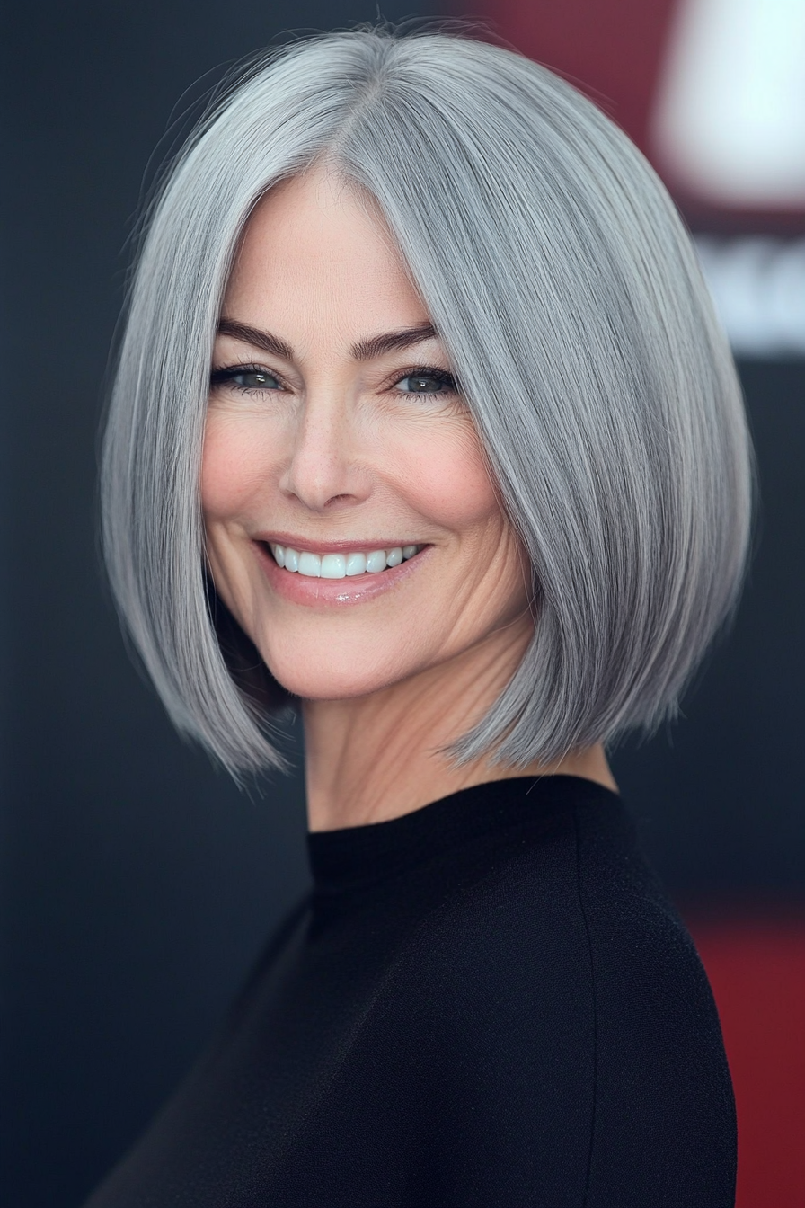 22. Classic Mid-Length Bob in Soft Charcoal Grey (Mid Length Hairstyles For Women Over 50) - Mid Length Hairstyles For Women Over 50