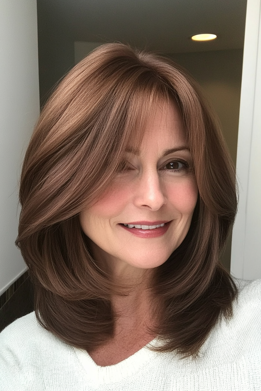 23. Shoulder-Length Cut with Curtain Bangs in Deep Walnut Brown (Mid Length Hairstyles For Women Over 50) - Mid Length Hairstyles For Women Over 50