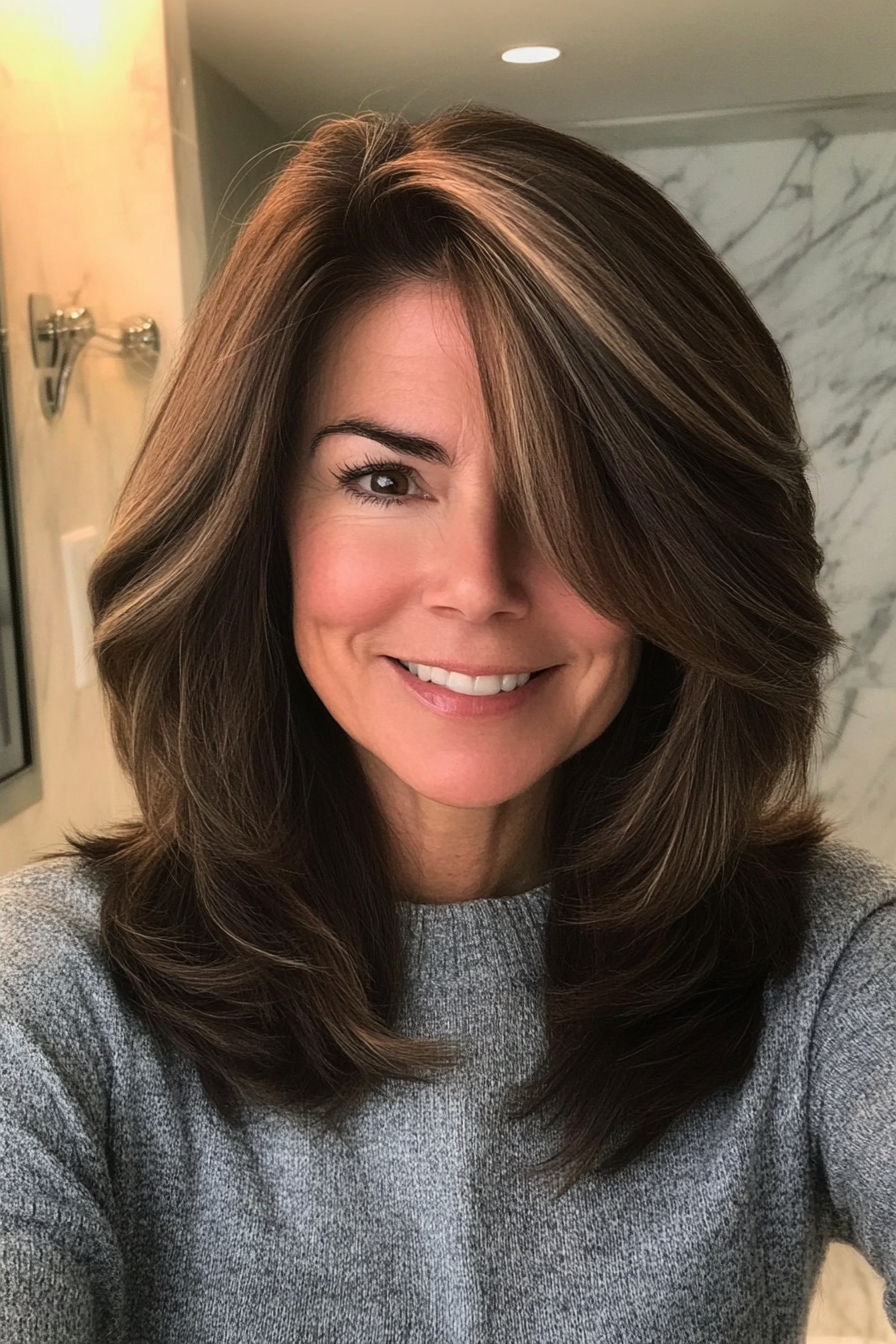 24. Layered Shoulder-Length Cut in Medium Chestnut (Mid Length Hairstyles For Women Over 50) - Mid Length Hairstyles For Women Over 50