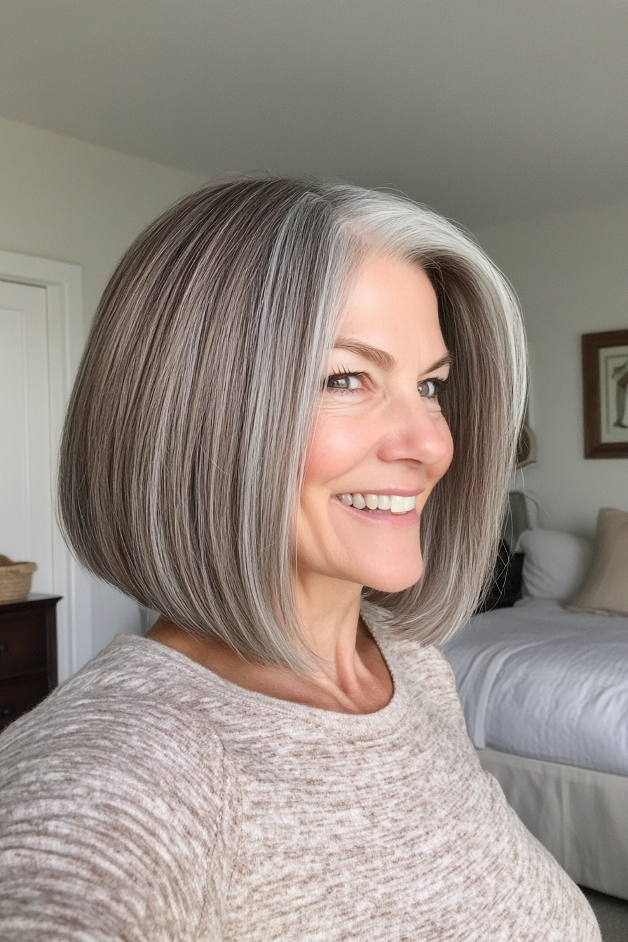 26. Soft Tapered Bob in Salt and Pepper Blend (Mid Length Hairstyles For Women Over 50) - Mid Length Hairstyles For Women Over 50
