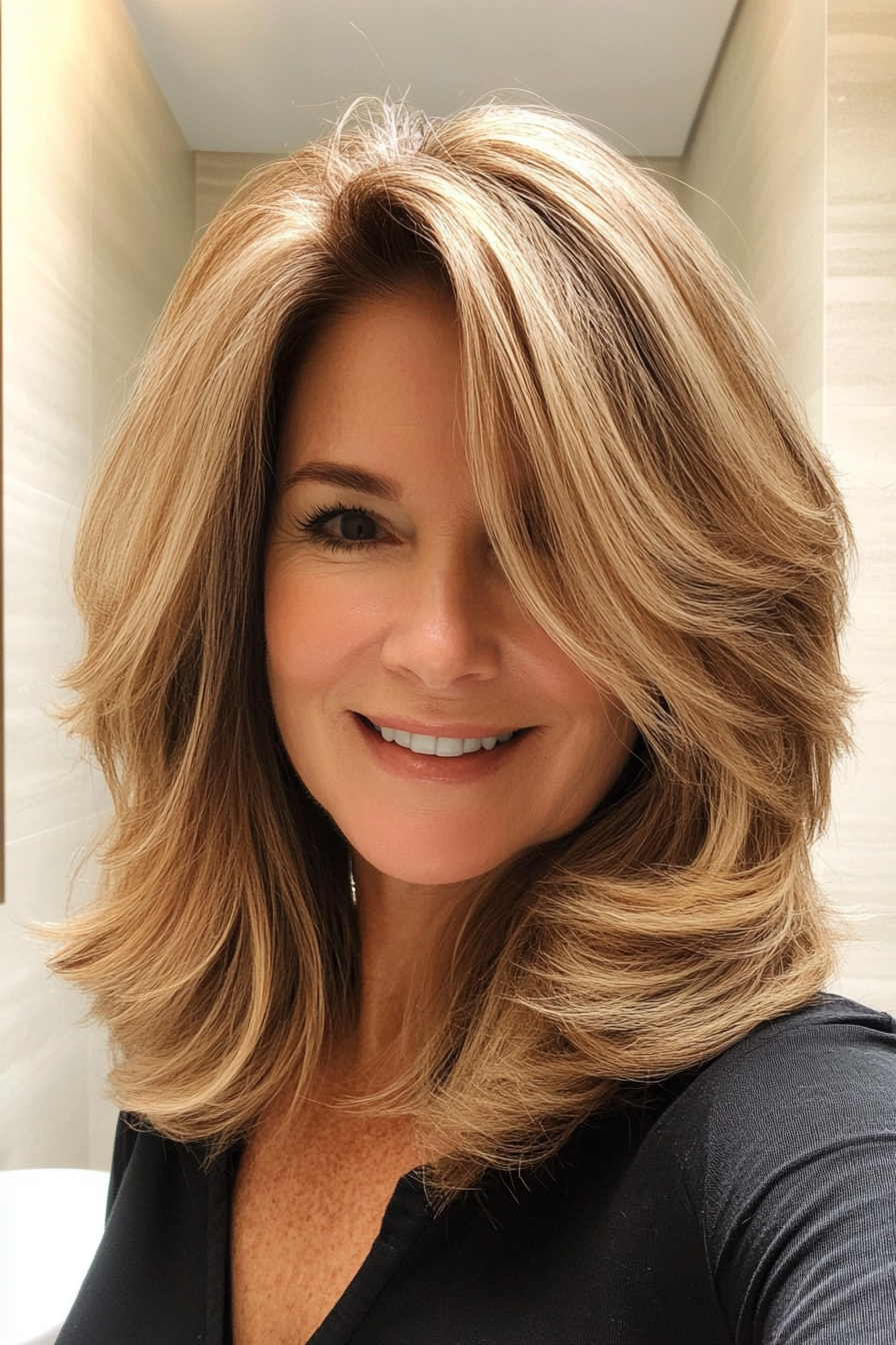 27. Layered Shoulder-Length Cut in Dark Honey Blonde (Mid Length Hairstyles For Women Over 50) - Mid Length Hairstyles For Women Over 50