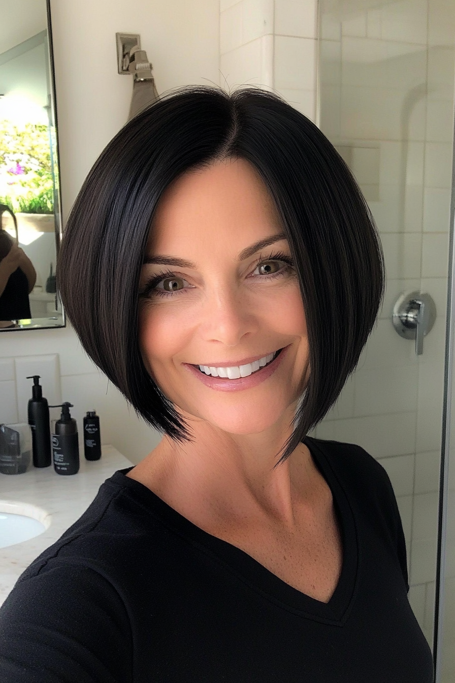 11. Sleek A-Line Bob in Deep Black (Short Hairstyles For Older Women With Thin Hair) - Short Hairstyles For Older Women With Thin Hair
