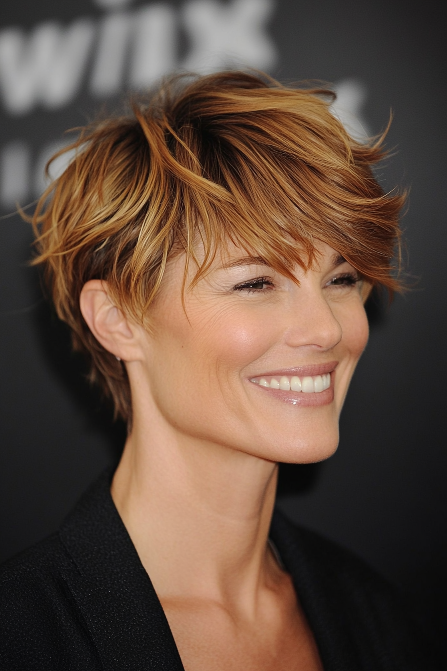 13. Choppy Boyish Cut in Light Golden Brown (Short Hairstyles For Older Women With Thin Hair) - Short Hairstyles For Older Women With Thin Hair